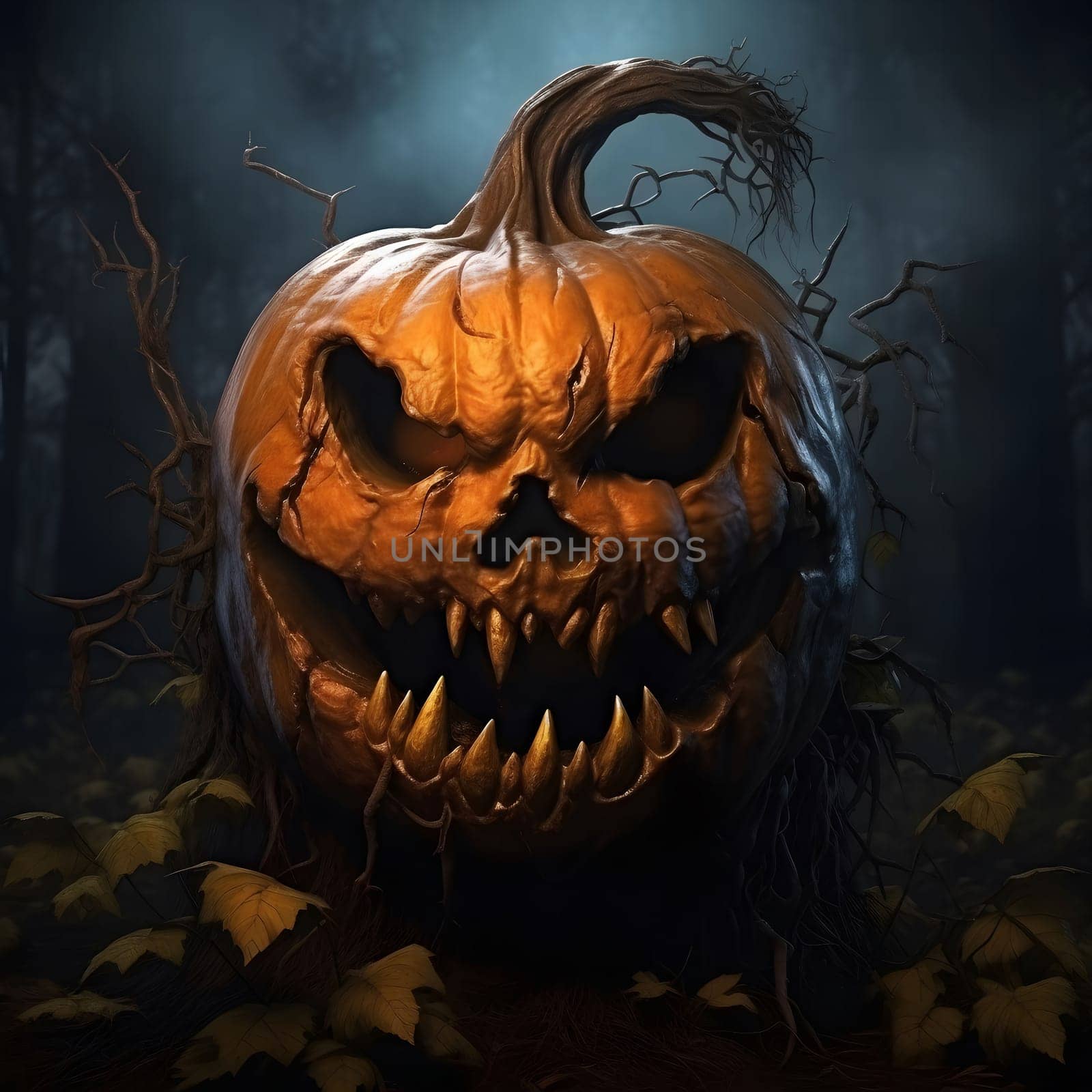 A close-up of a menacing jack-o'-lantern with a menacing grin and glowing eyes set against a dark, mysterious forest background.
