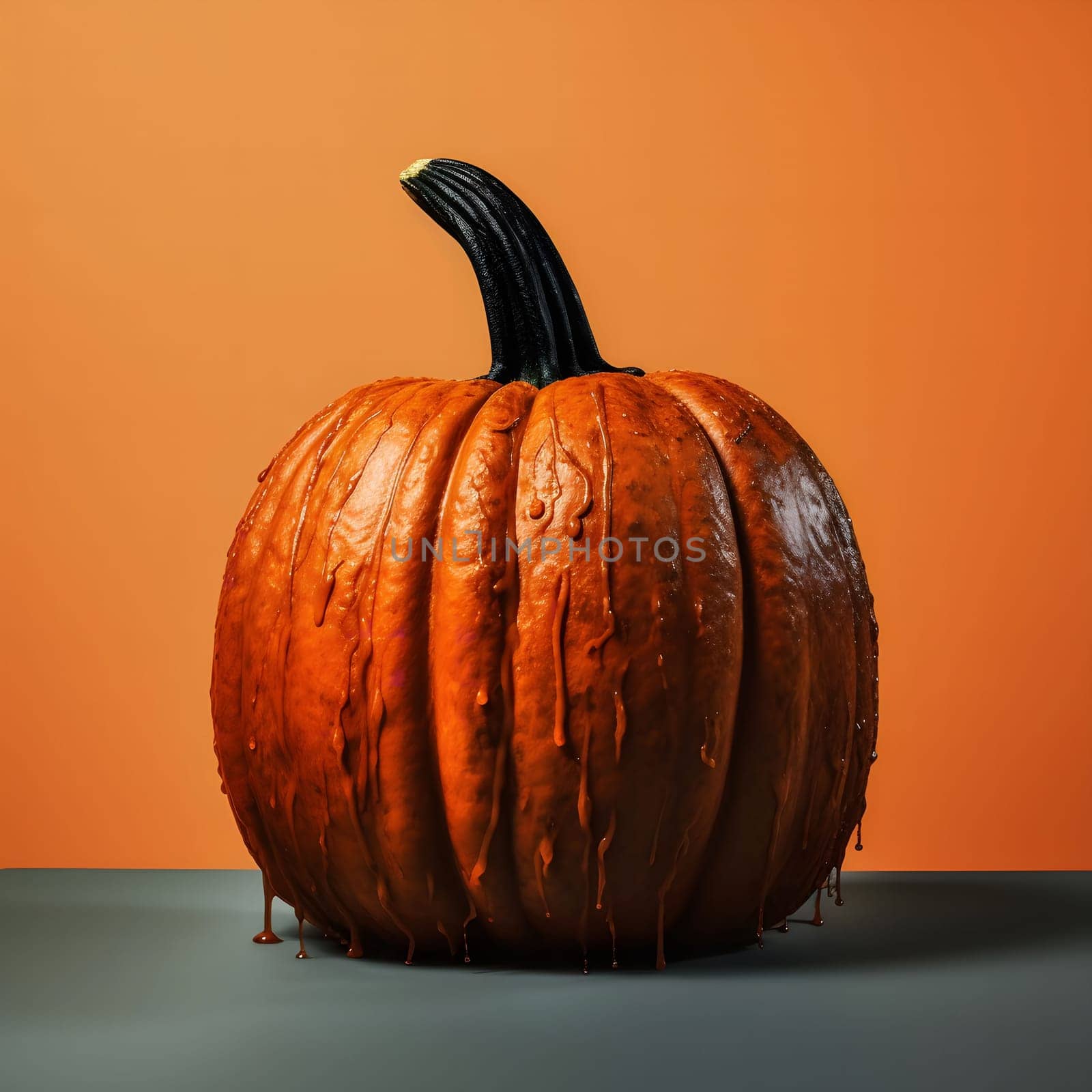 A close-up of a single pumpkin with melted wax on it, against an orange background.