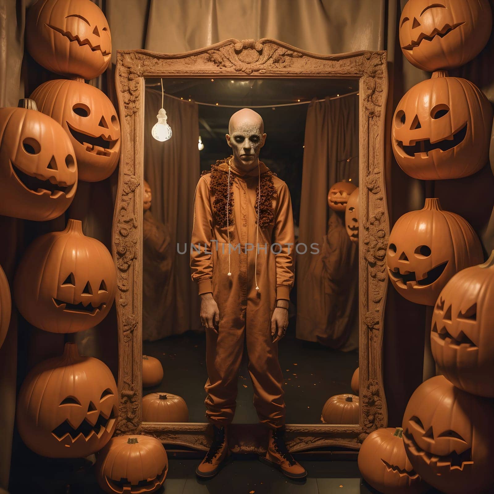 A man in a spooky Halloween costume stands in front of a mirror surrounded by jack-o-lanterns. He is wearing a jumpsuit and a mask and has a creepy smile on his face.