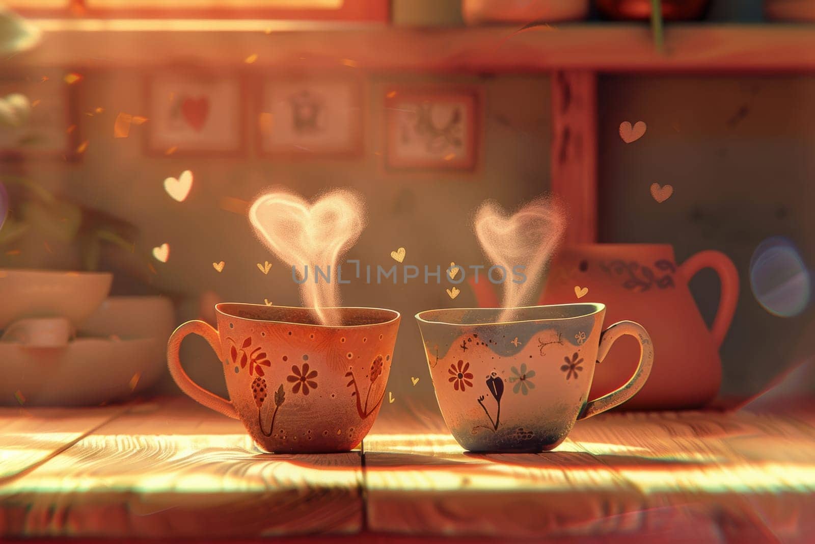 Two charming coffee cups emit heart-shaped steam in a warm café ambiance, perfect for a valentine's day greeting card. the soft lighting and gentle shadows create a cozy, inviting atmosphere ideal for romantic messages.