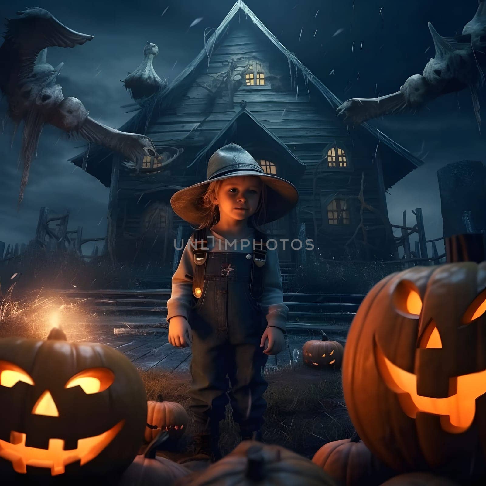 A young girl in a witch costume stands in front of a haunted house with pumpkins in front of her.
