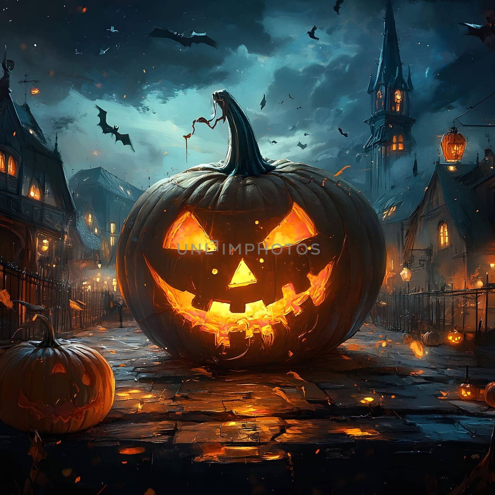 A spooky Halloween scene with a glowing jack-o-lantern on a cobblestone street in a village under a dark sky with bats flying.