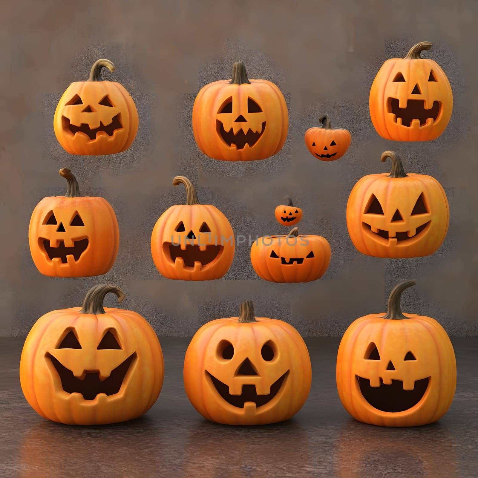 A collection of Jack-o-Lantern pumpkins, arranged on a table, perfect for halloween decorations or halloween parties.