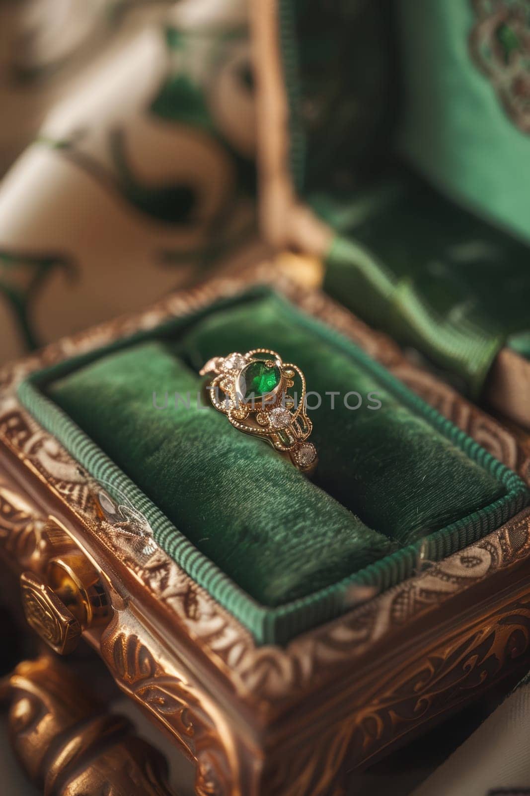 A beautifully detailed traditional irish claddagh ring, symbolizing love and friendship, nestled in an ornate jewelry box lined with green satin. shamrock-themed accents enhance the cultural significance of this elegant piece.