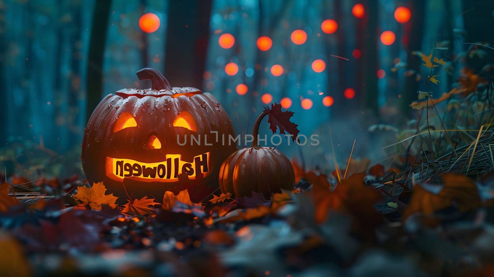 Two jack-o'-lanterns illuminated against a dark forest background. The main pumpkin features the word 'halloween' carved into it