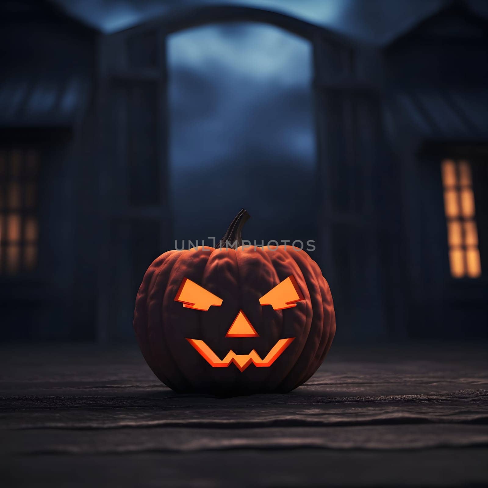 A jack-o'-lantern with a menacing grin sits in the middle of a doorway on Halloween night. The glow of the pumpkin illuminates the darkness, creating a spooky atmosphere.