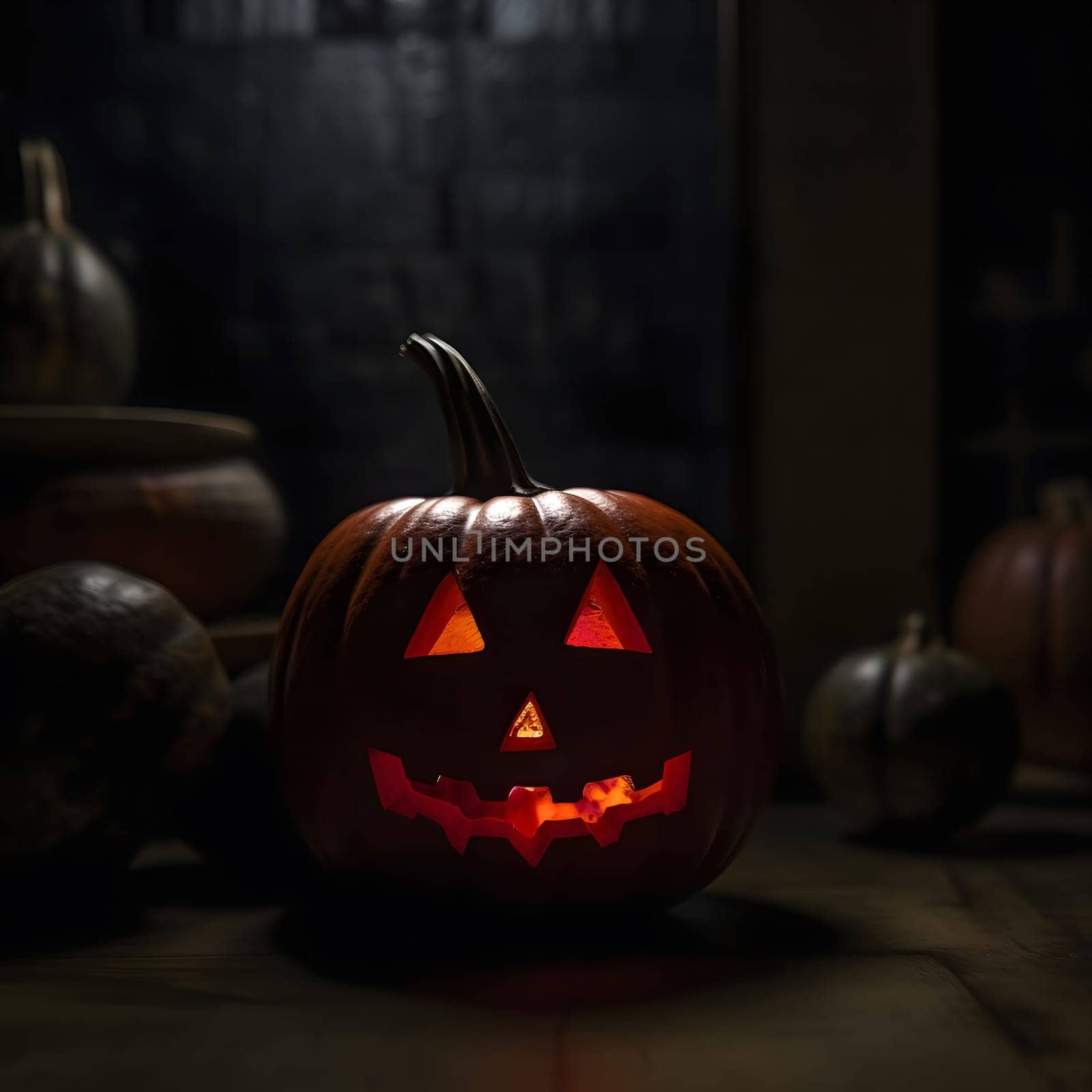 A lit Jack-o'-lantern sits on a table, glowing in the dark. The carving creates a spooky grin on its face.