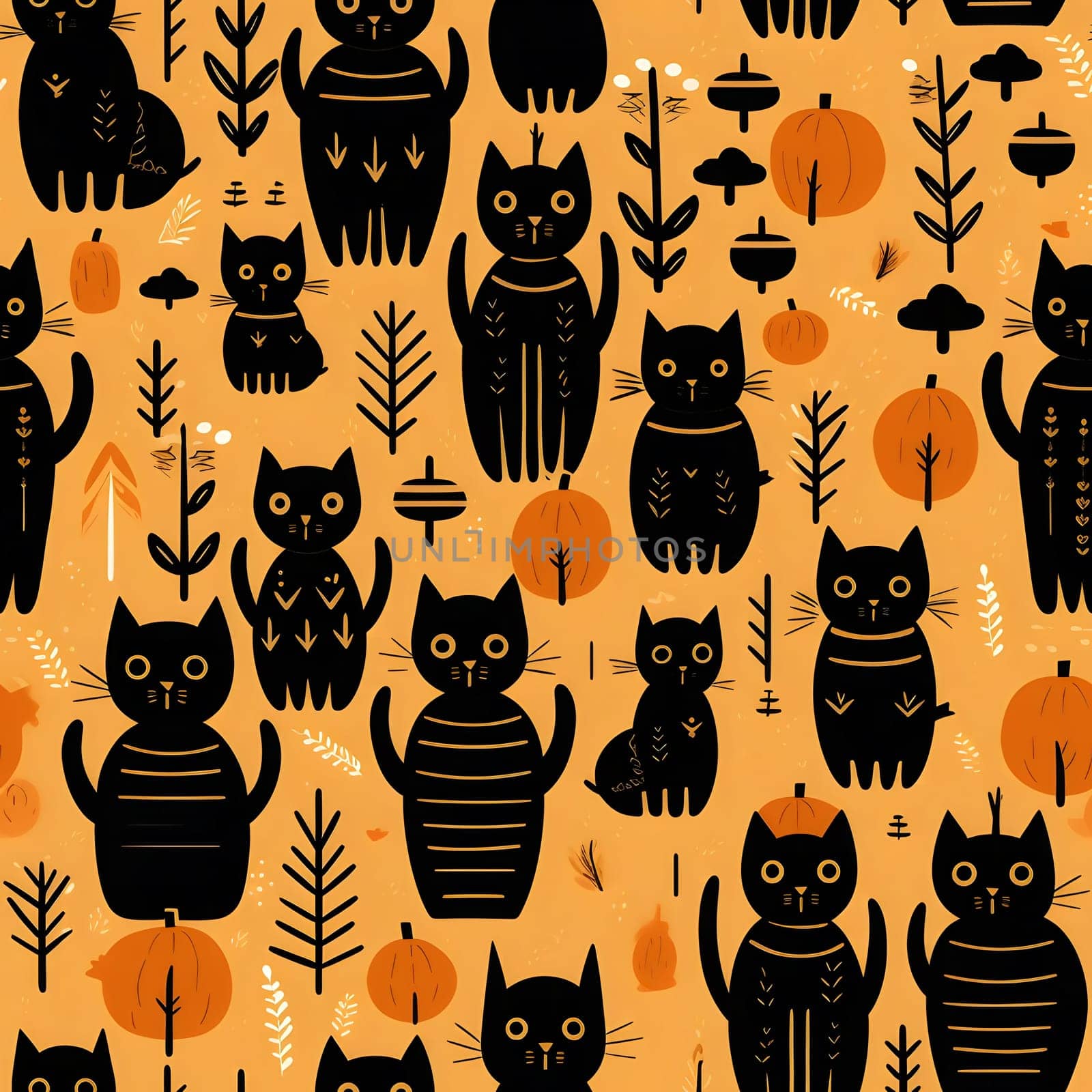 A seamless pattern featuring black cats on an orange background with pumpkins and leaves.