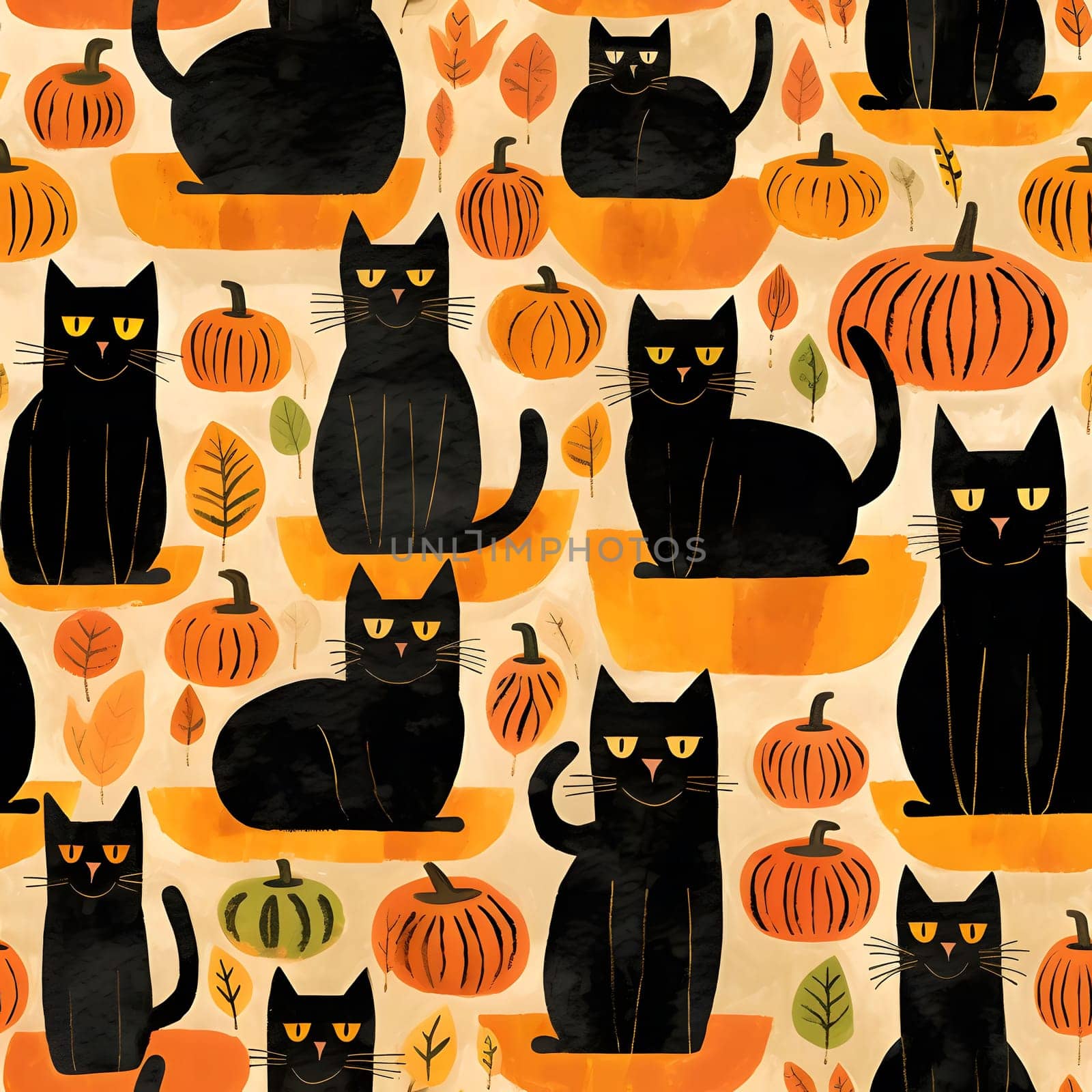 A colorful illustration of a repeating pattern featuring black cats and pumpkins. This cheerful design is perfect for Halloween decorations.