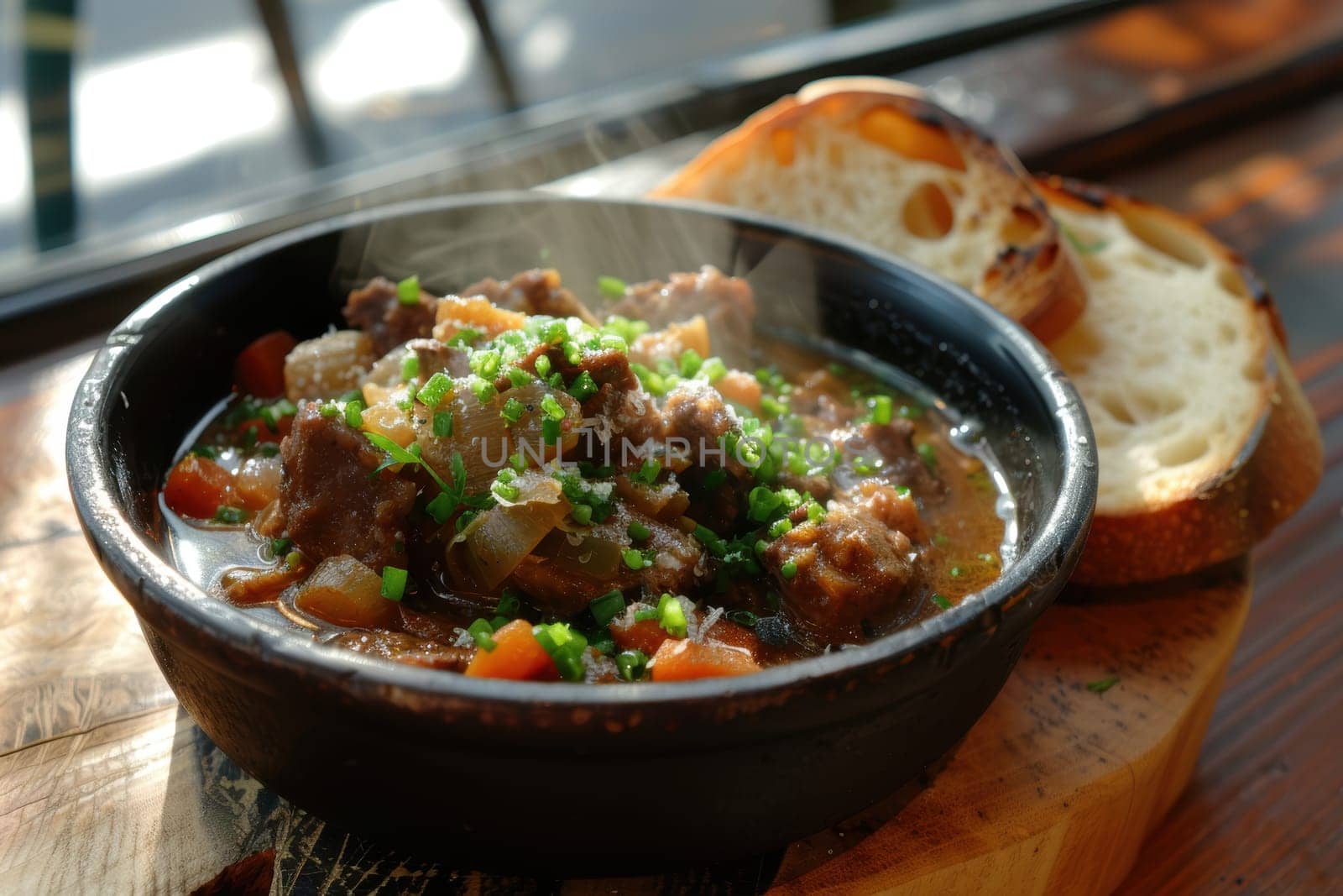 A hearty bowl of irish lamb stew paired with crusty soda bread, exuding warmth and tradition, perfect for a st. patrick's day feast. the rustic wooden table enhances the cozy, authentic ambiance.