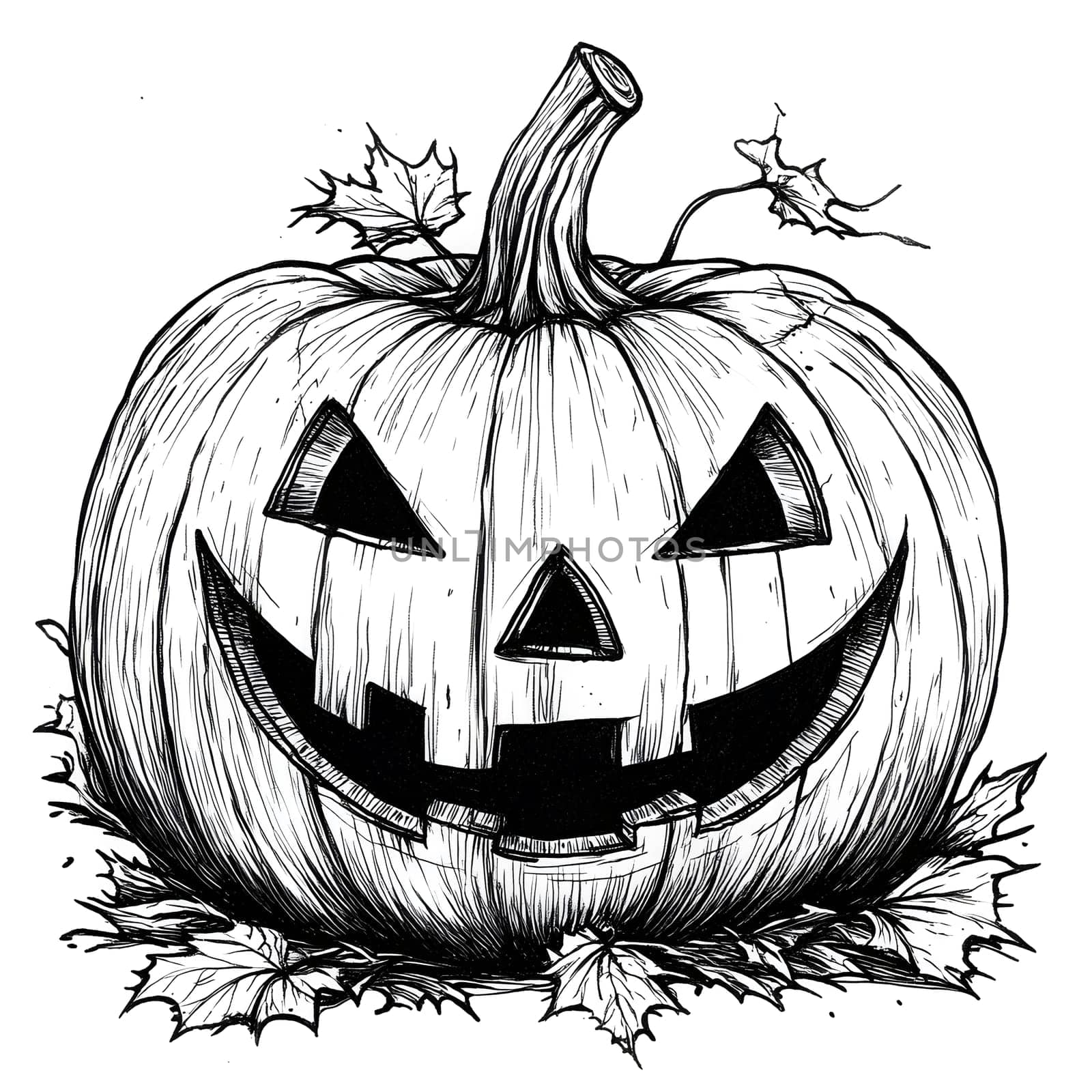 A detailed illustration of a jack-o-lantern with a wide grin and carved facial features. The pumpkin sits amongst fallen leaves, suggesting the season of autumn. The style is black and white, creating a vintage and spooky effect.