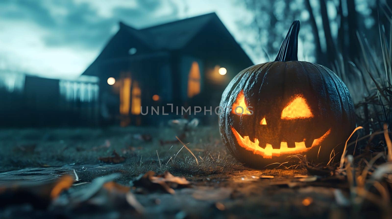 A glowing jack-o'-lantern with a menacing grin sits in front of a dark, shadowy house, creating a spooky atmosphere perfect for Halloween.