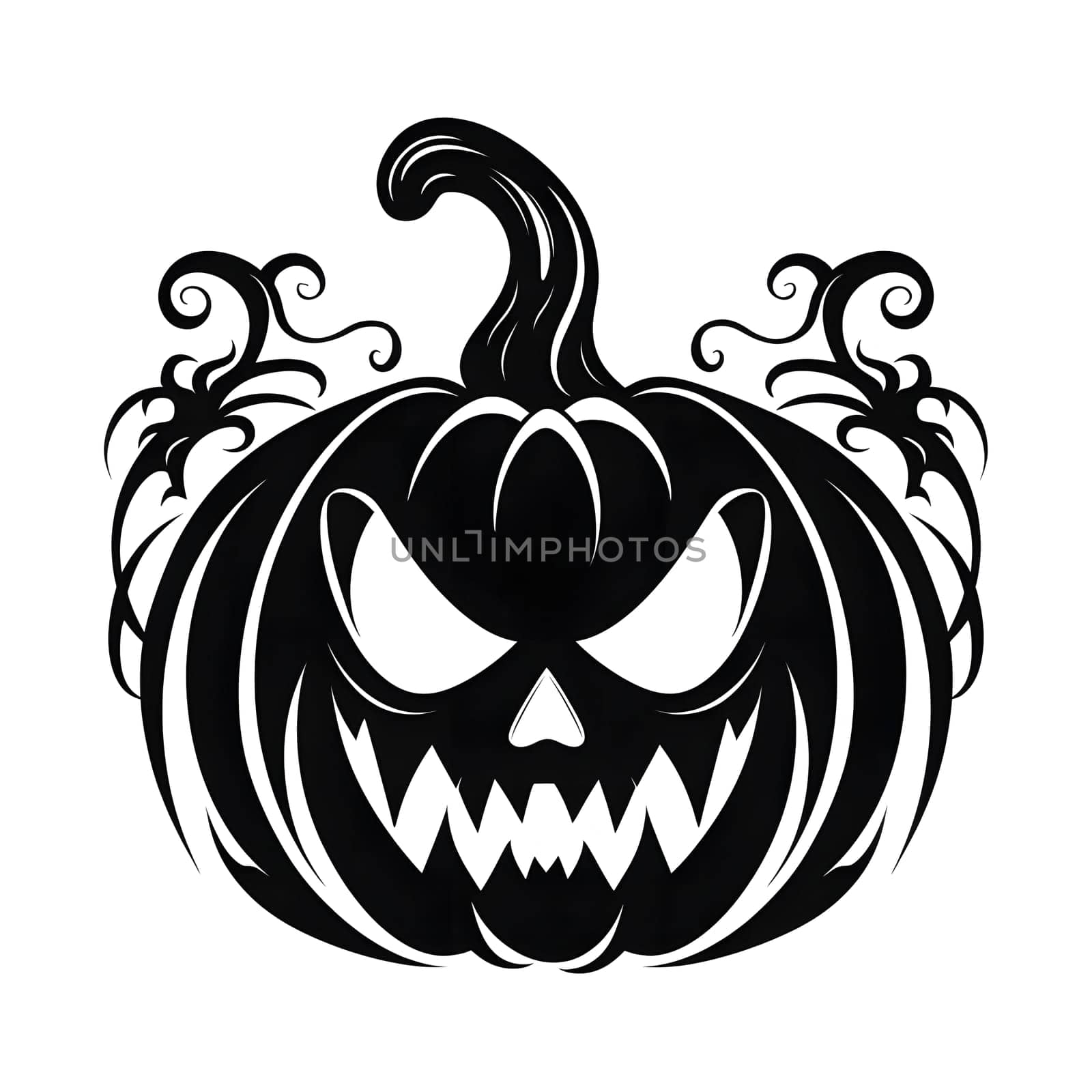A black and white illustration of a scary jack-o'-lantern pumpkin with a menacing expression