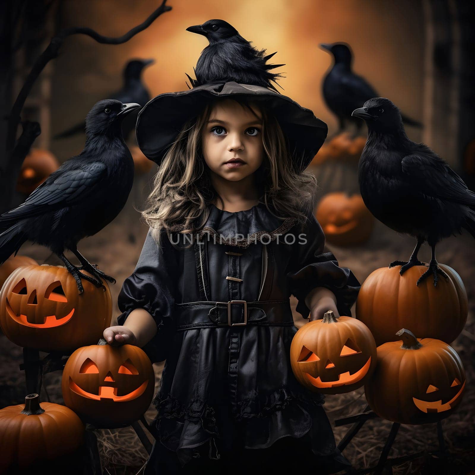 A little girl dressed as a witch, surrounded by crows and pumpkins. The setting is dark and mysterious, creating a spooky atmosphere. The girl's costume and the surrounding props evoke a sense of Halloween magic.