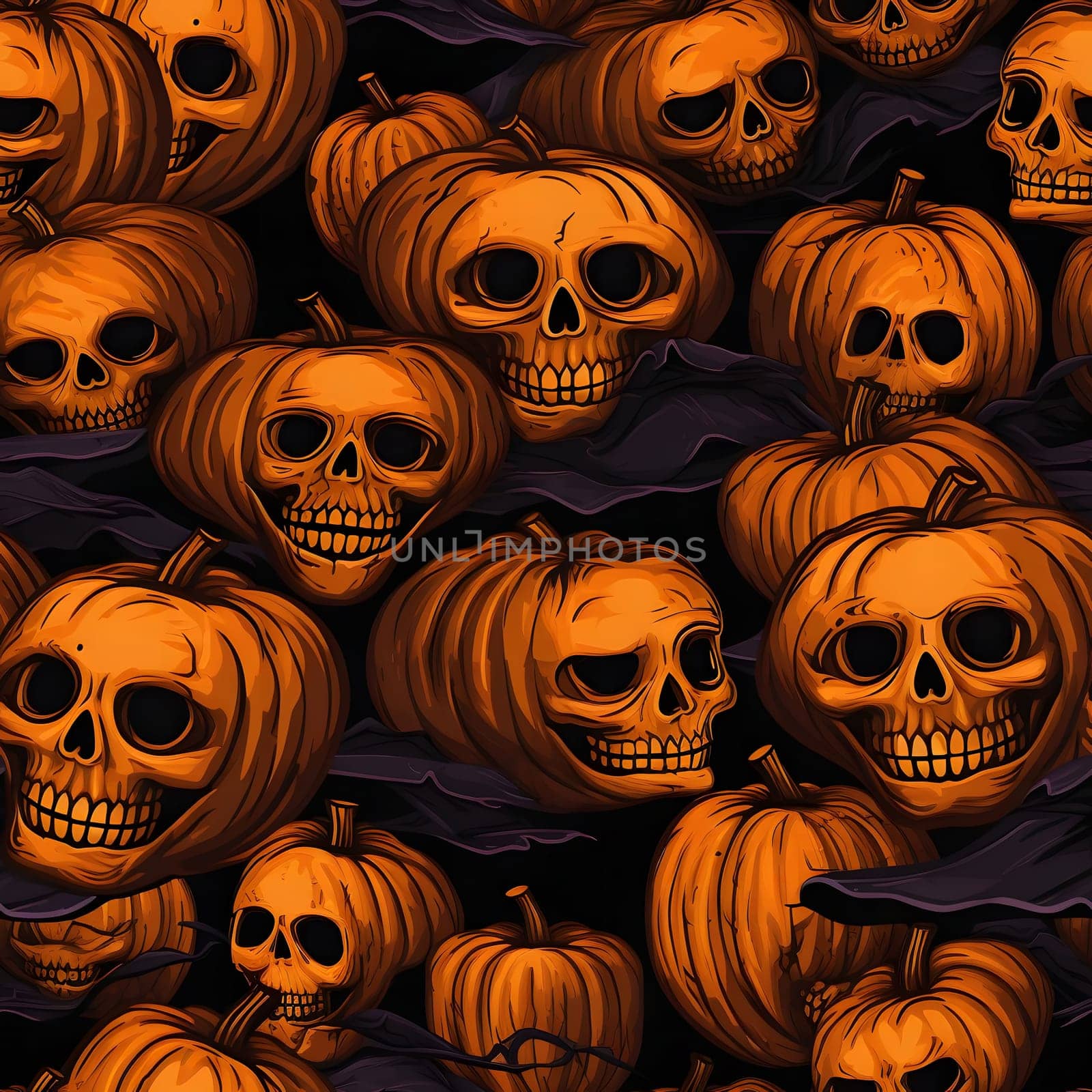 A seamless pattern of pumpkins with skull faces in a dark and spooky design. Perfect for Halloween decorations and spooky backgrounds.