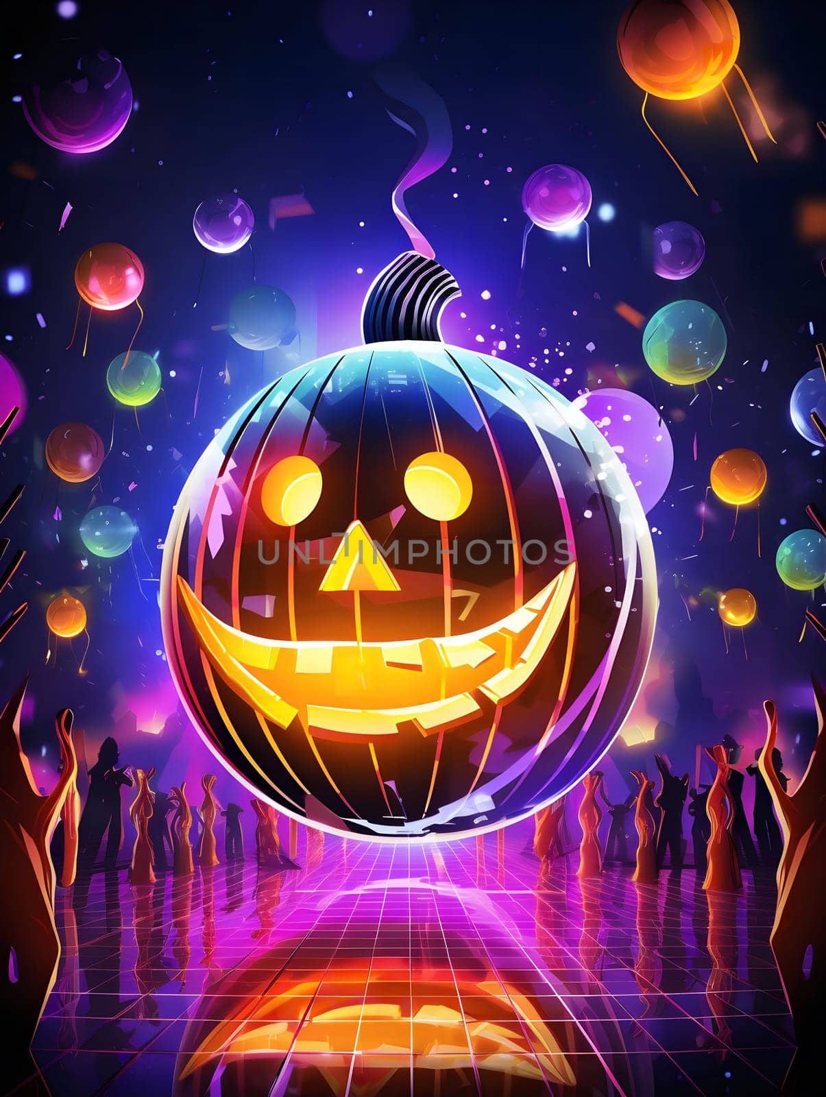 A glowing pumpkin floats above a crowd of partygoers at a Halloween celebration.