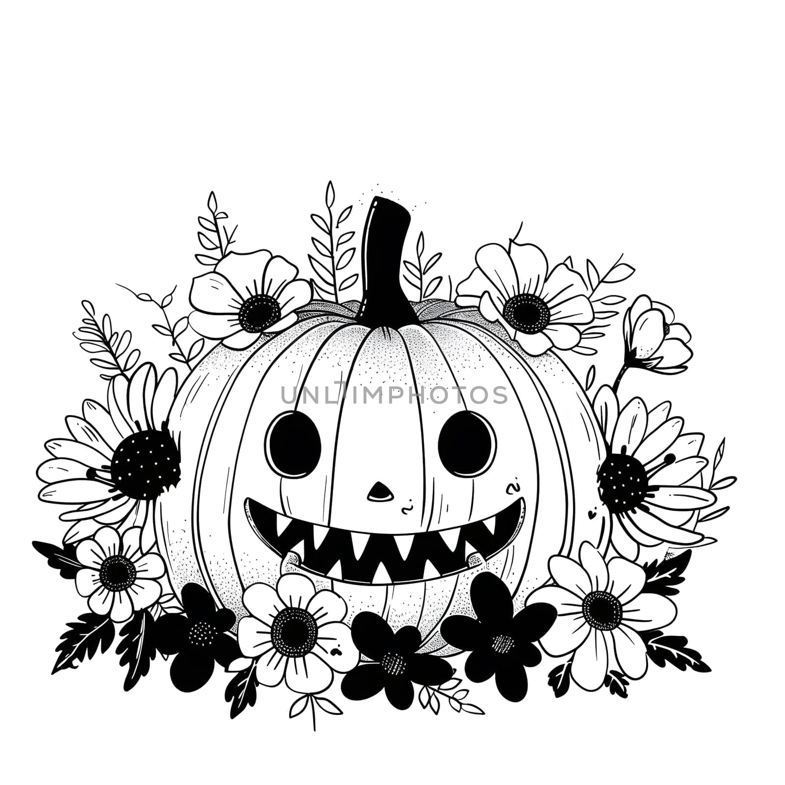 A hand-drawn illustration of a Jack-o'-lantern surrounded by black and white floral decoration. The pumpkin has a cute, creepy smile with large eyes and sharp teeth. The illustration is perfect for Halloween decorations or as a spooky addition to any design.