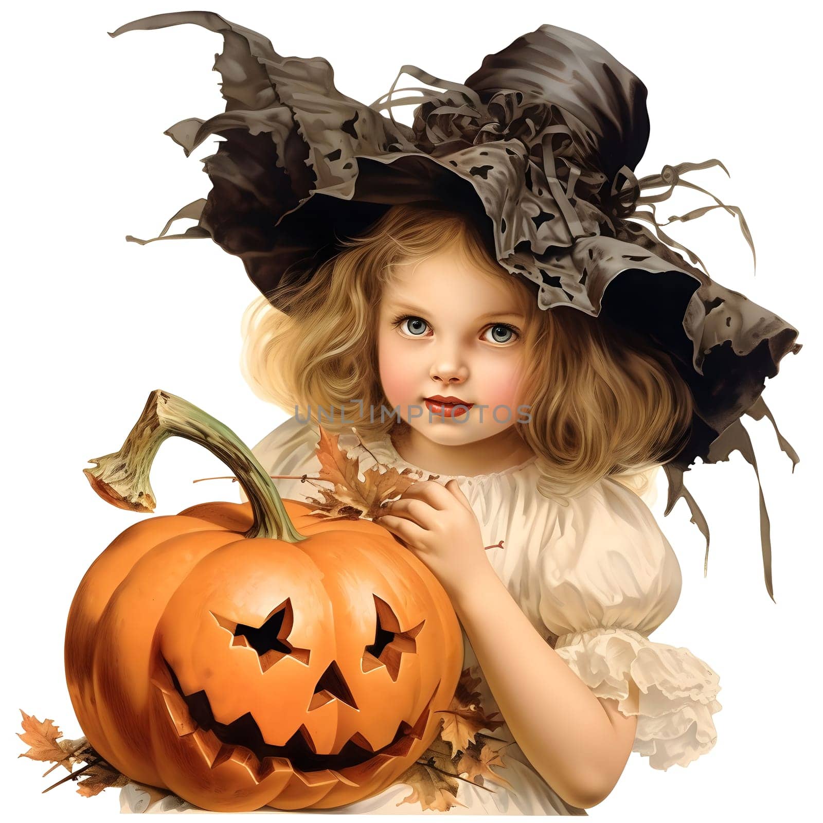 A charming depiction of a little girl dressed as a witch for Halloween, holding a carved pumpkin.