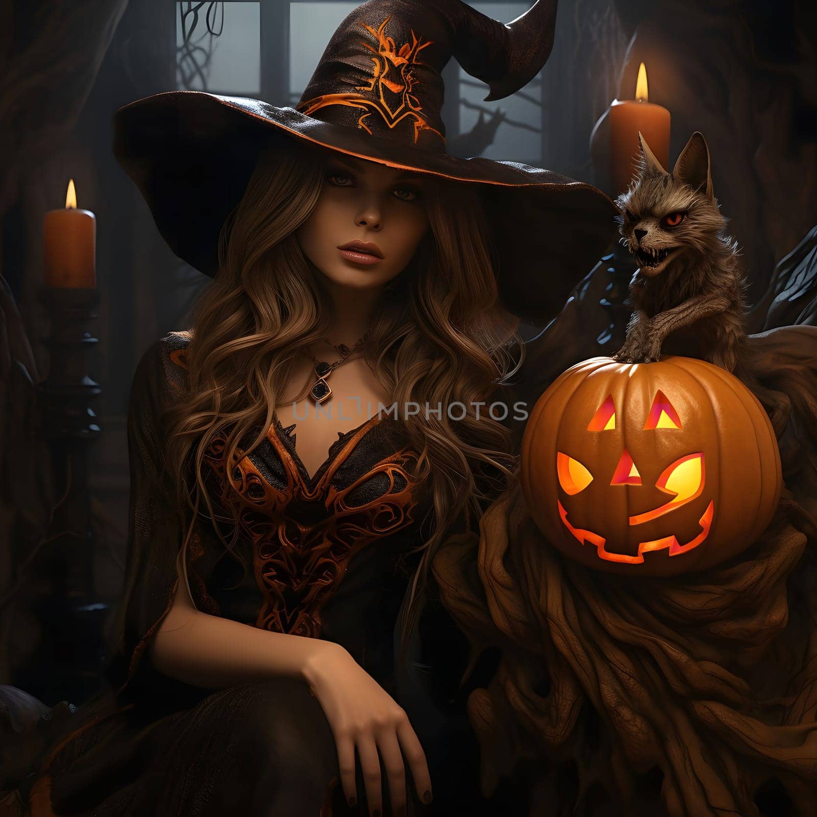 A witch in a black dress and a pointed hat sits with a cat by her side and a jack-o'-lantern in her lap.