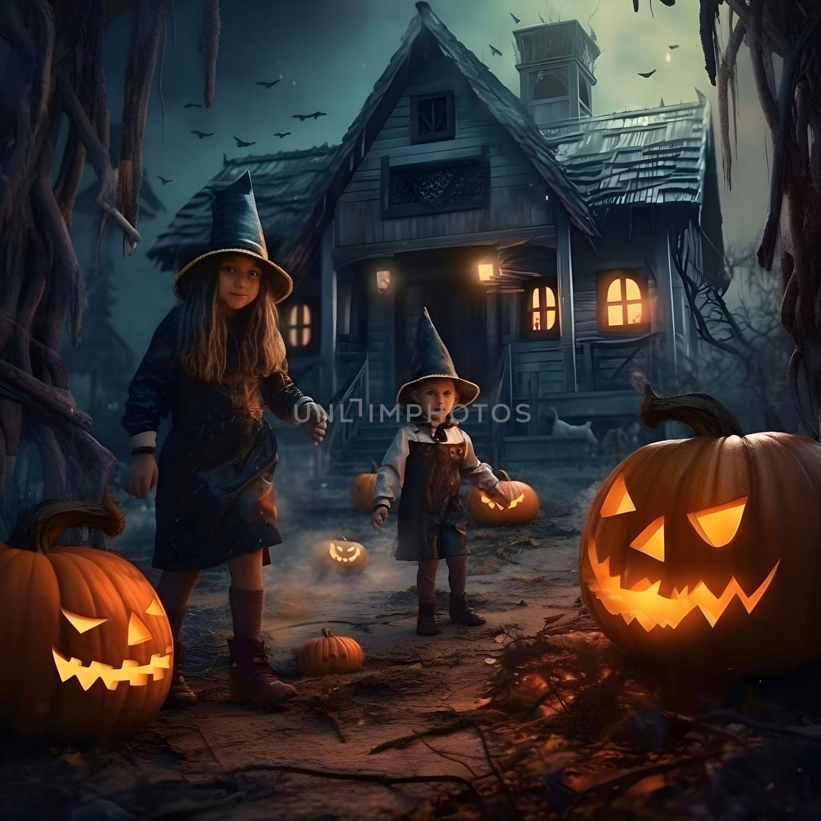 Two children dressed as witches trick-or-treating in front of a spooky haunted house on Halloween night.