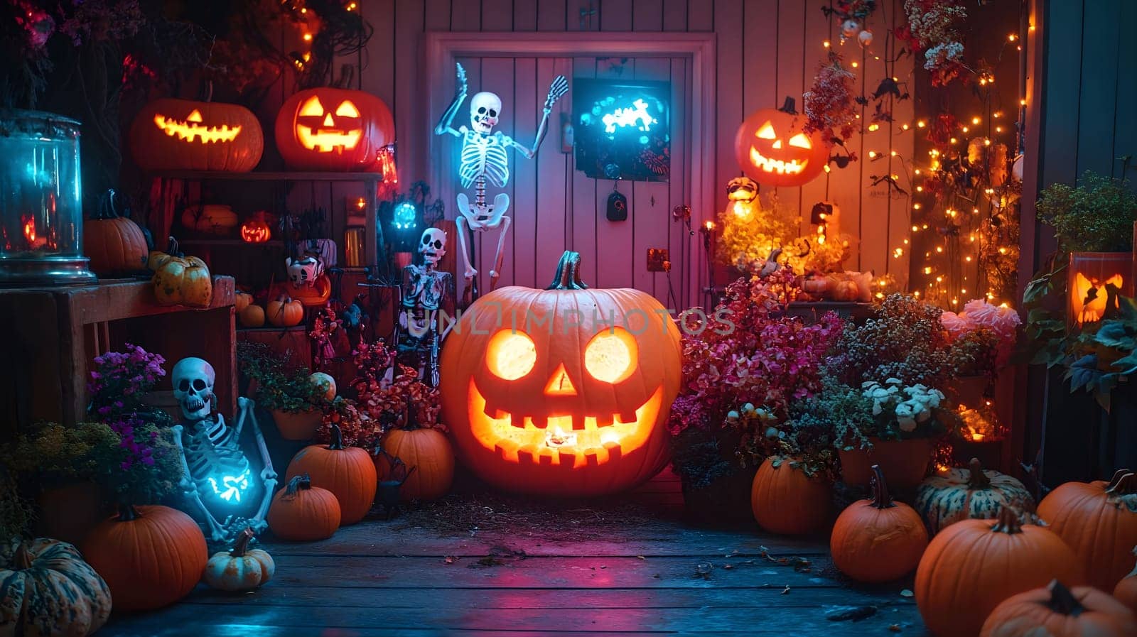 A spooky Halloween porch decorated with pumpkins, jack-o-lanterns, and skeletons glowing in the darkness