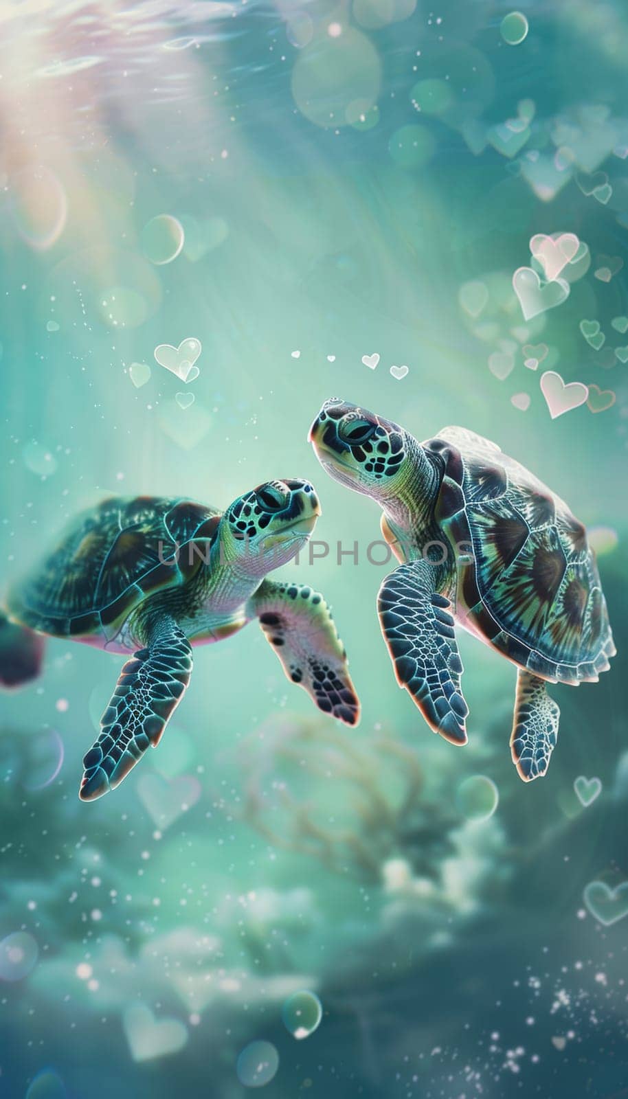 Two turtles with heart-shaped shells swim together in a serene, light-filled ocean. the background features soft blues and greens, dotted with hearts, creating a romantic and cheerful atmosphere.