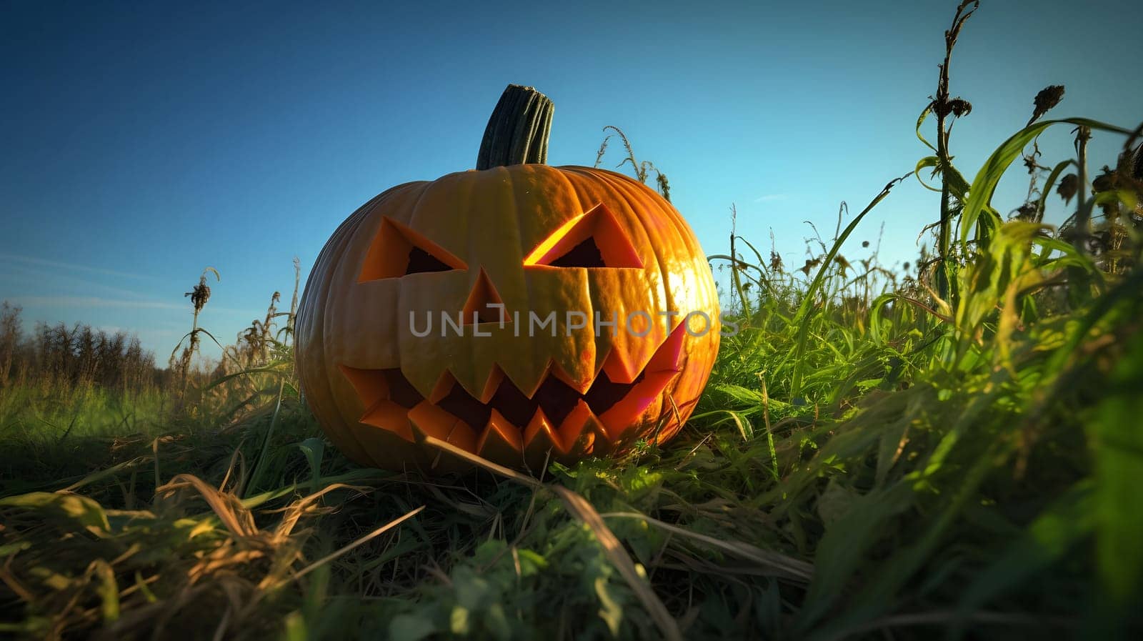 A jack-o'-lantern with a scary grin sits in a field of tall green grass with a blue sky in the background