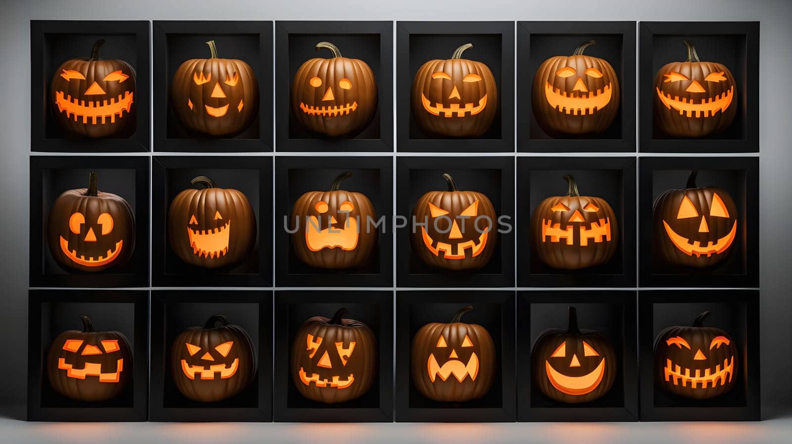 A collection of Jack-O'-Lanterns, with glowing faces, arranged in a grid on a grey wall, ready for Halloween.