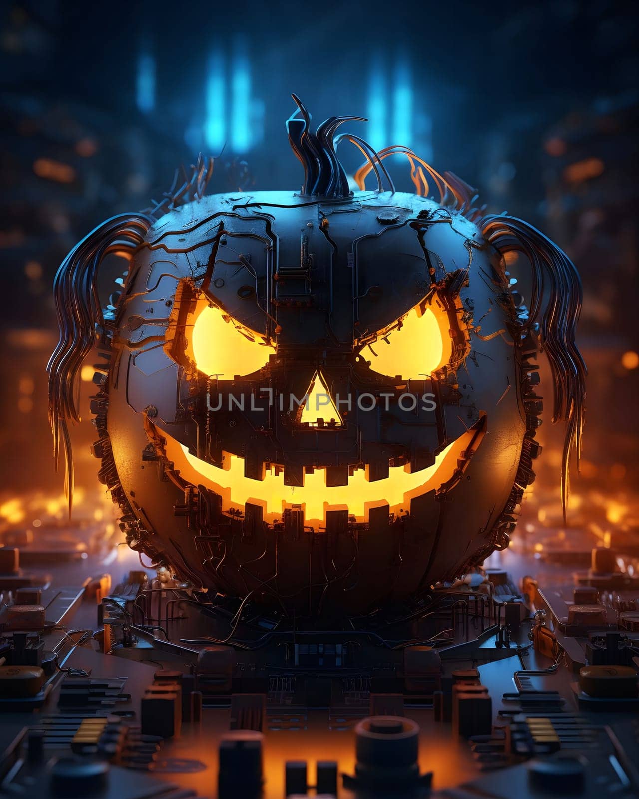 A glowing cyberpunk-style jack-o'-lantern with circuitry and wires, creating a spooky and futuristic Halloween image.
