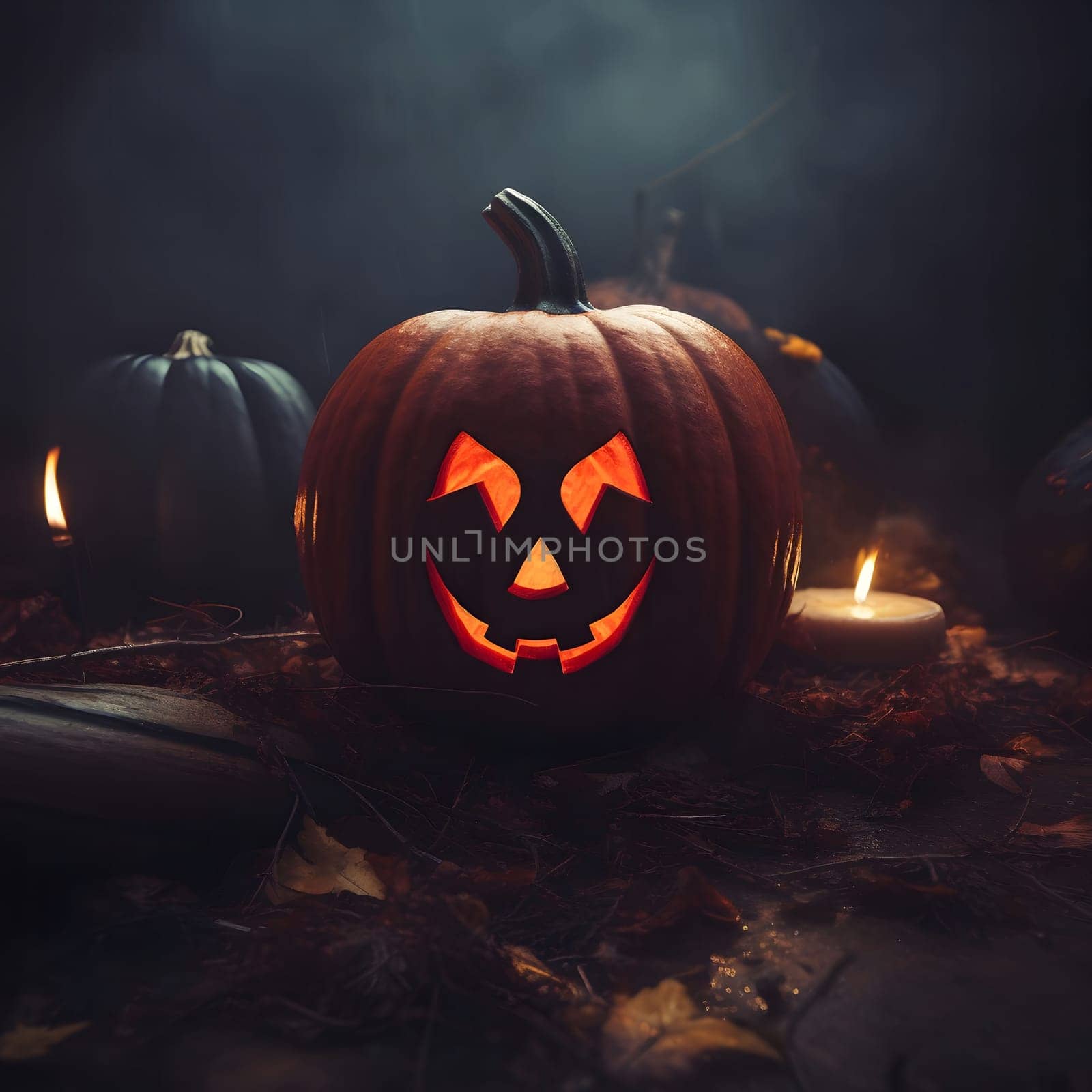 A jack-o'-lantern with a carved smile glows in the dark, surrounded by other pumpkins and candles, creating a spooky and festive Halloween scene.