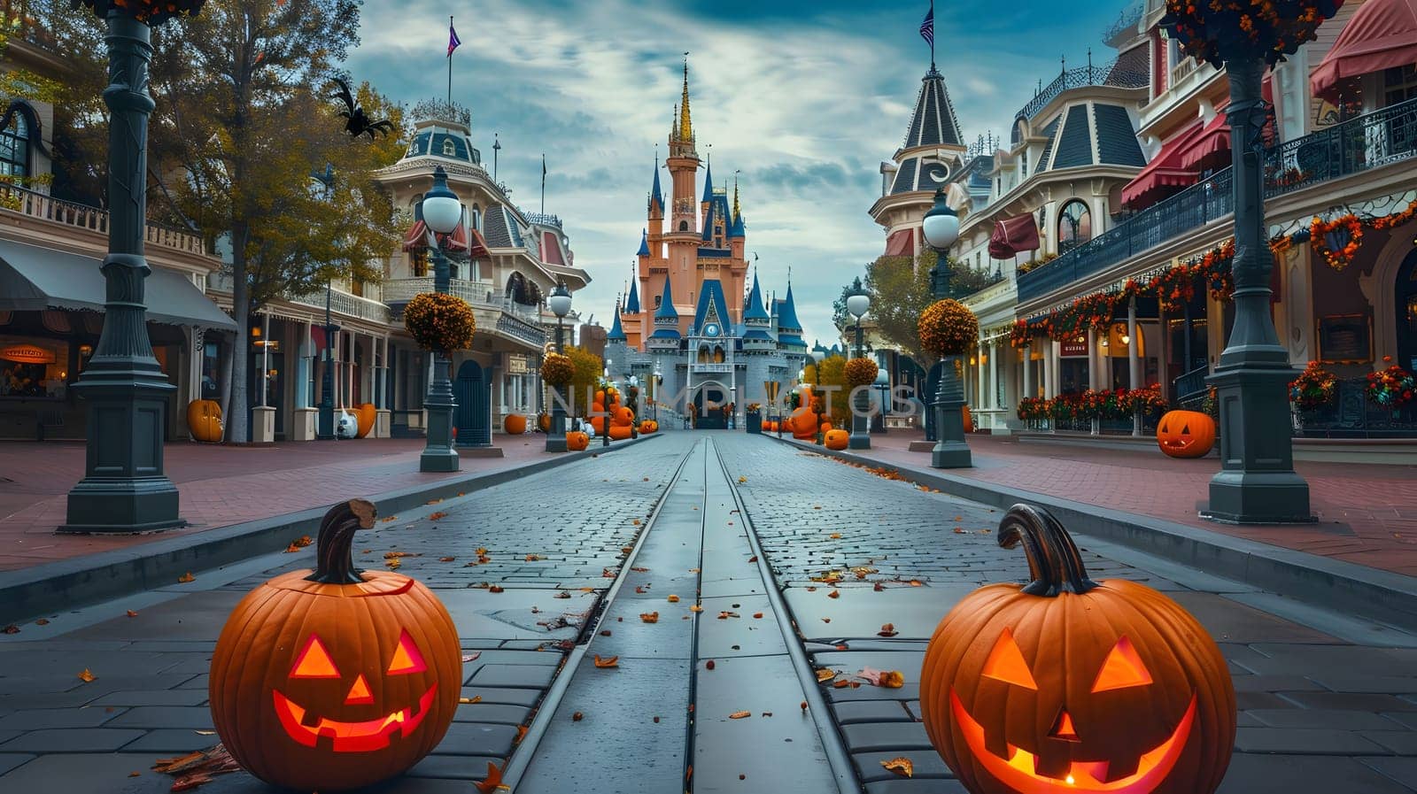 A view down the street of a magical kingdom, adorned with jack-o-lanterns and autumn foliage, leading to a grand castle in the distance.