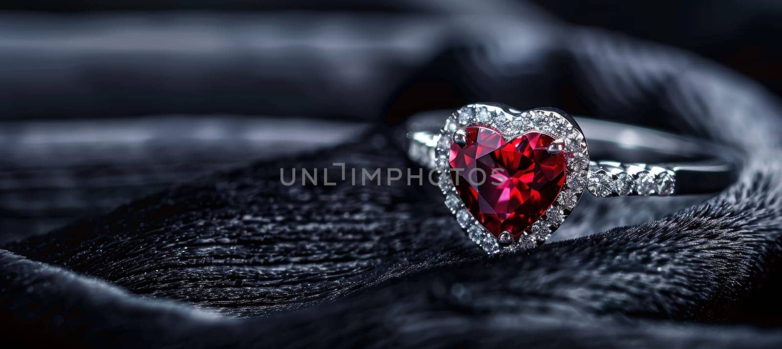 Luxurious close-up of a heart-shaped ruby ring set on black velvet, showcasing the gemstone's sparkle with soft lighting. perfect for valentine’s day themes and sophisticated design prints.