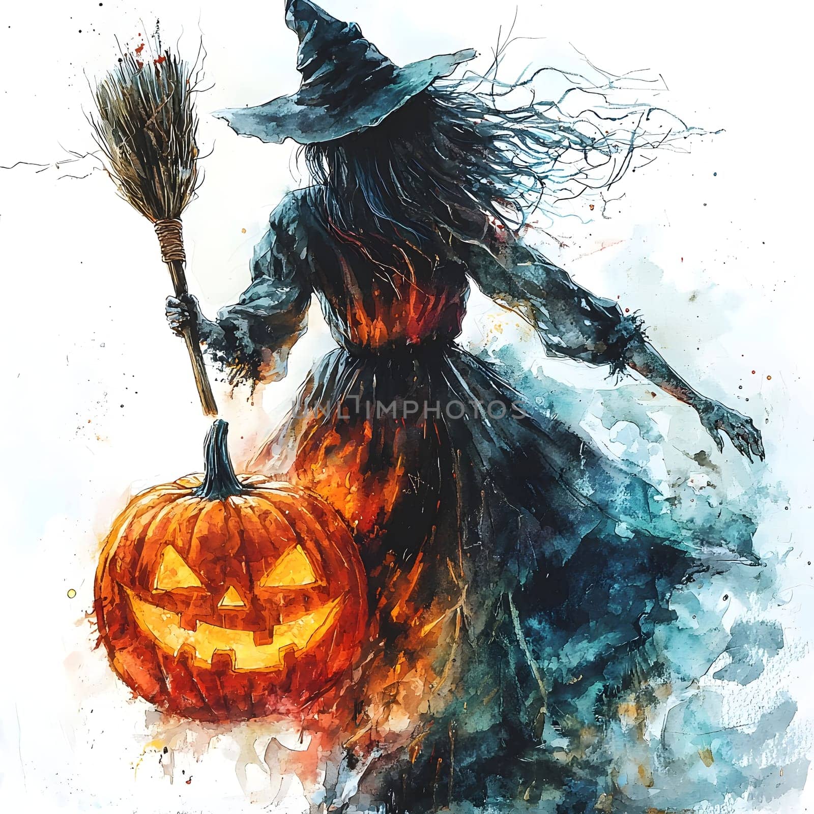 A watercolor illustration of a witch with a pumpkin, broom, and a hat, featuring flowing lines and vibrant colors, perfect for Halloween.