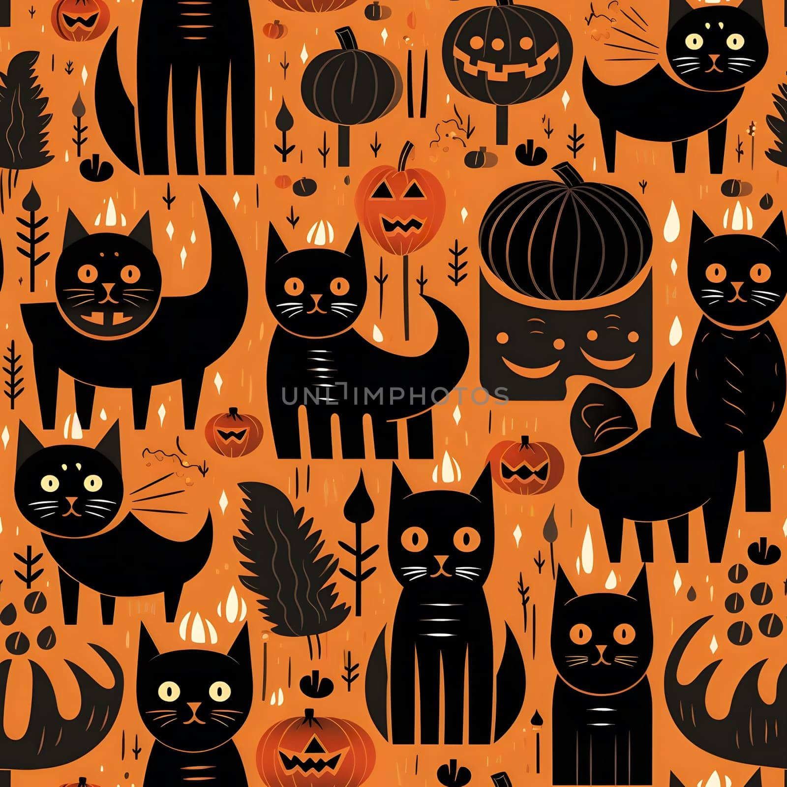 A seamless pattern featuring black cats, pumpkins, and jack-o-lanterns on an orange background, perfect for Halloween decorations and prints.