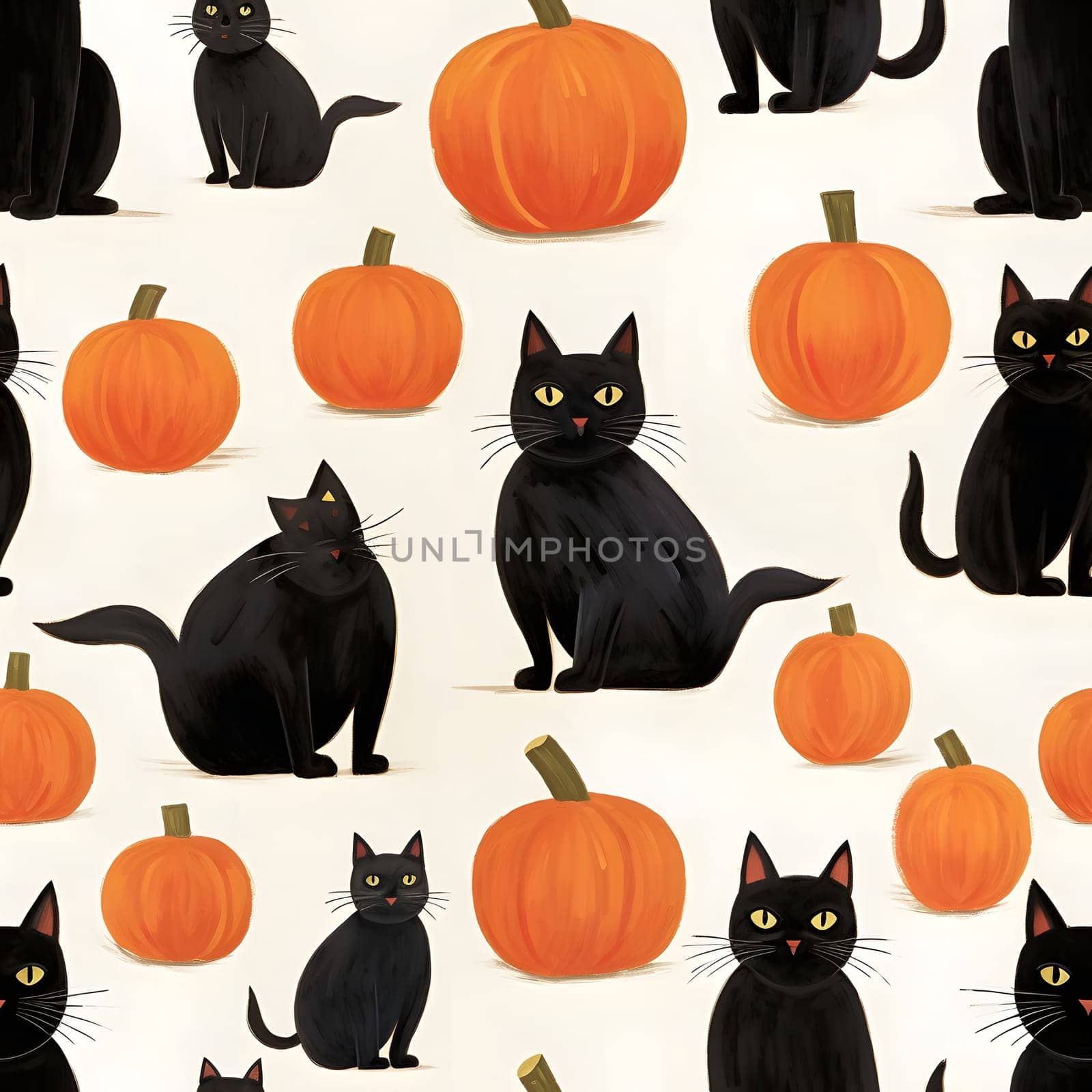 A seamless pattern featuring adorable black cats and pumpkins with a white background.