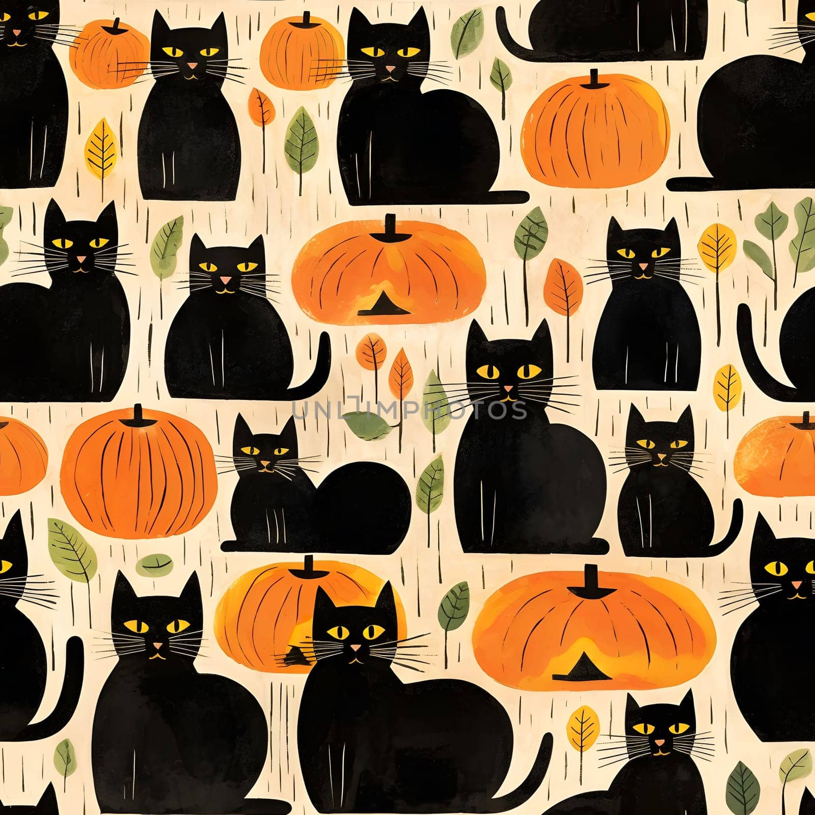 An illustration of black cats and pumpkins, perfect for a Halloween or fall pattern.