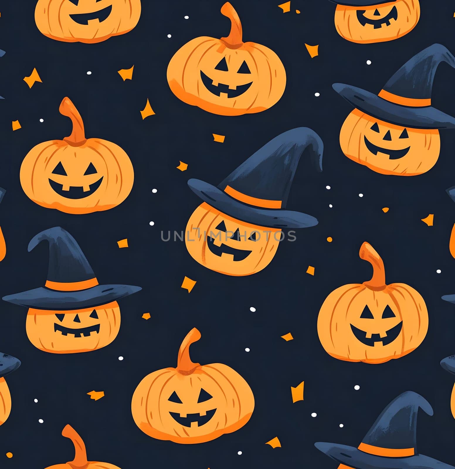 A Halloween pumpkin pattern with a dark background and orange pumpkins with cute jack-o-lantern faces, some wearing hats.