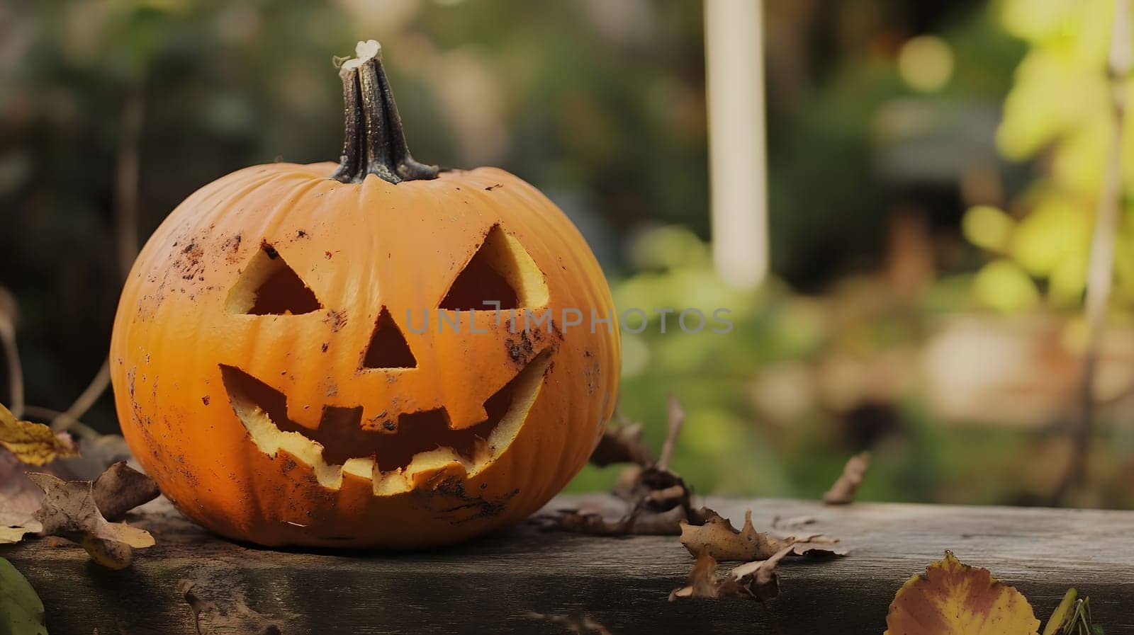 A carved pumpkin, also known as a jack-o'-lantern, rests on a wooden surface with scattered leaves. The pumpkin is lit from inside and its smiling face looks playful and spooky. The orange pumpkin stands out against the green and brown background.
