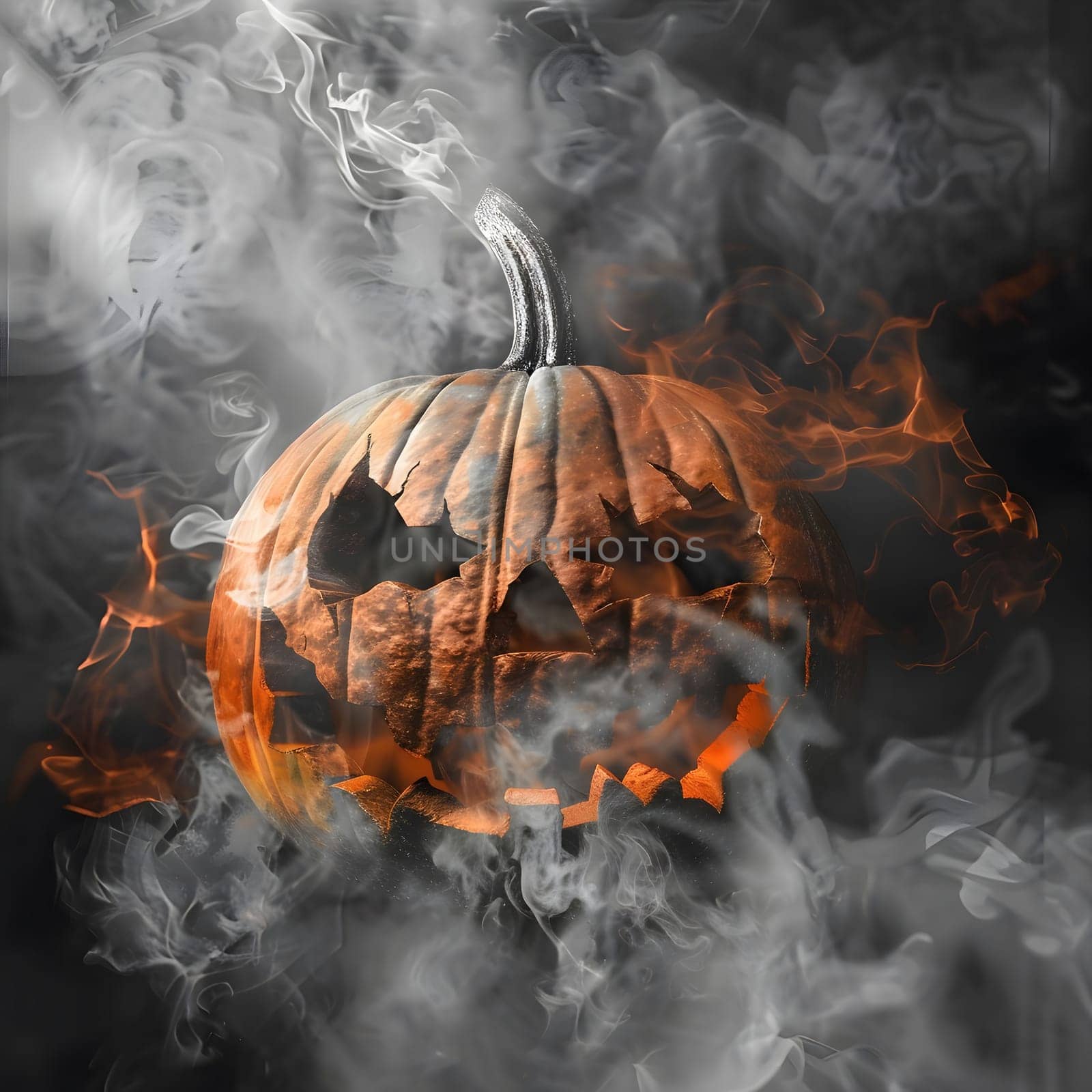 A close-up shot of a carved jack-o-lantern, with a scary grin, surrounded by smoke and fire, creating a spooky and eerie atmosphere, perfect for Halloween.