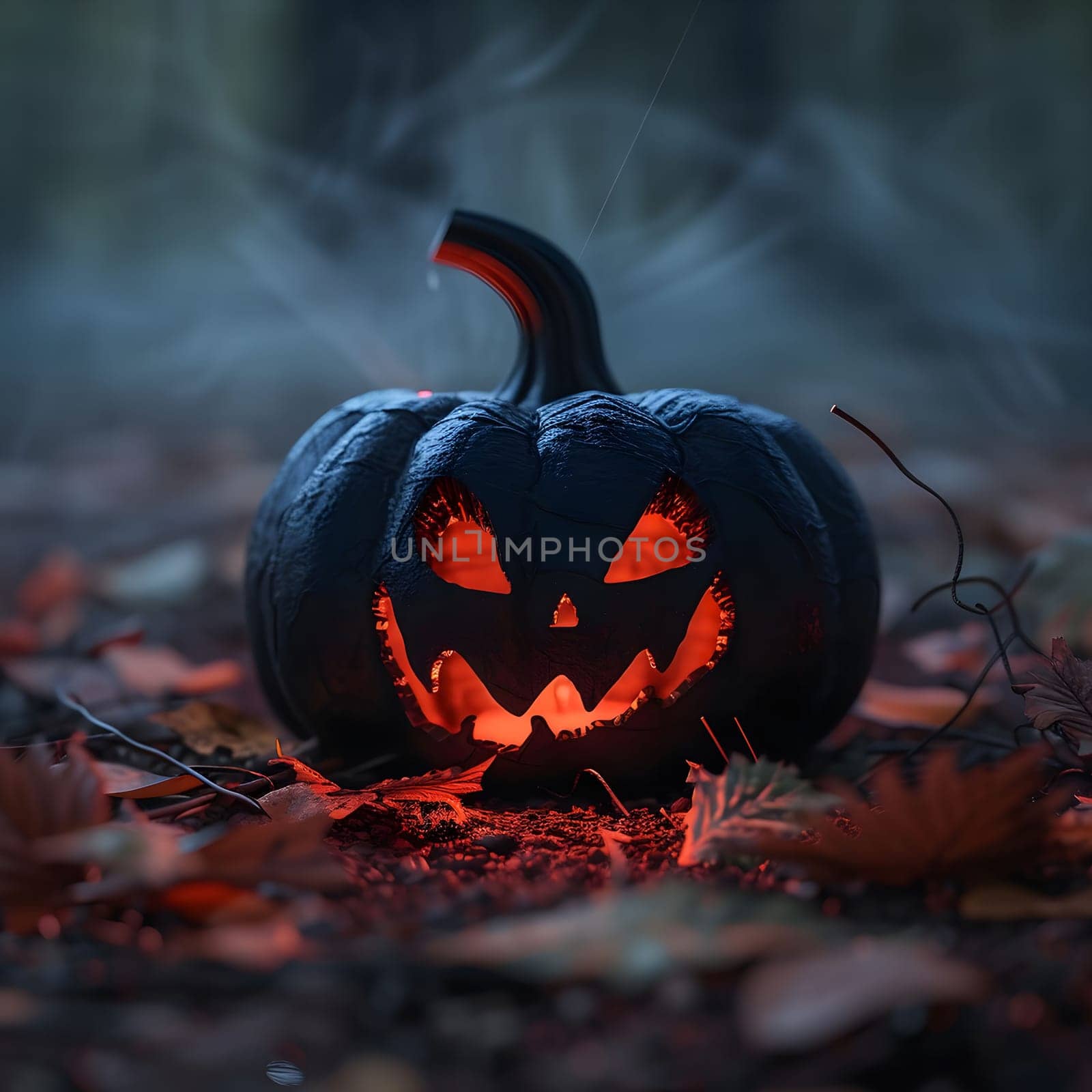 A close-up shot of a spooky jack-o-lantern with a carved grin, glowing ominously in the dark forest. The leaves are scattered on the ground, adding to the eerie atmosphere.