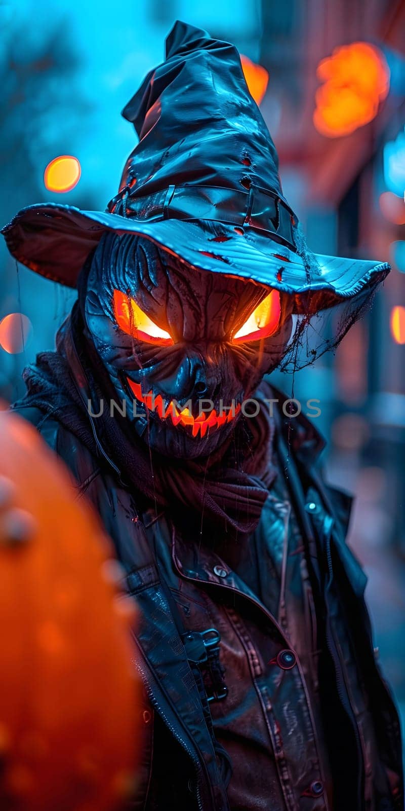 A person wearing a spooky halloween pumpkin mask with glowing eyes.