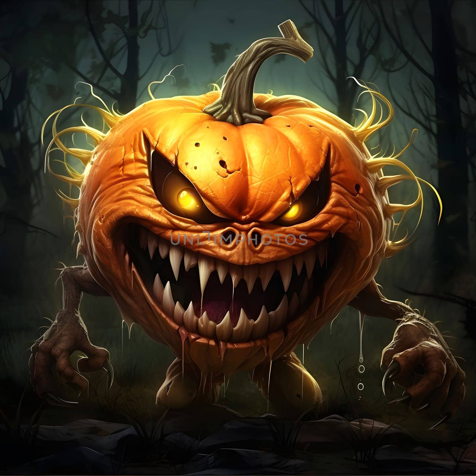 A sinister pumpkin monster with a wide, toothy grin lurks in the darkness, evoking a sense of fear and unease.