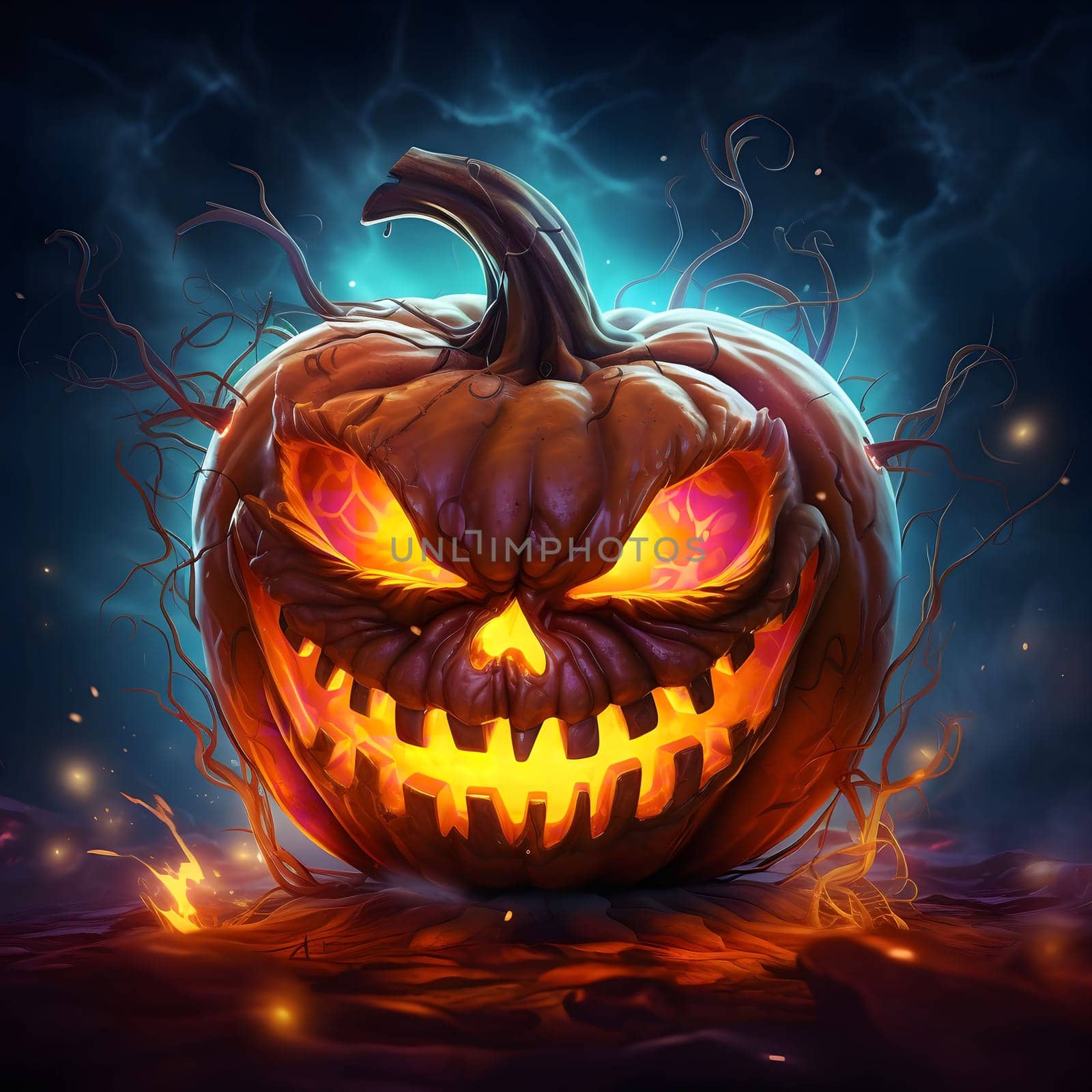 A spooky Halloween pumpkin with glowing eyes and a creepy smile sits in a dark and stormy night. The fiery flames add to the eerie atmosphere.