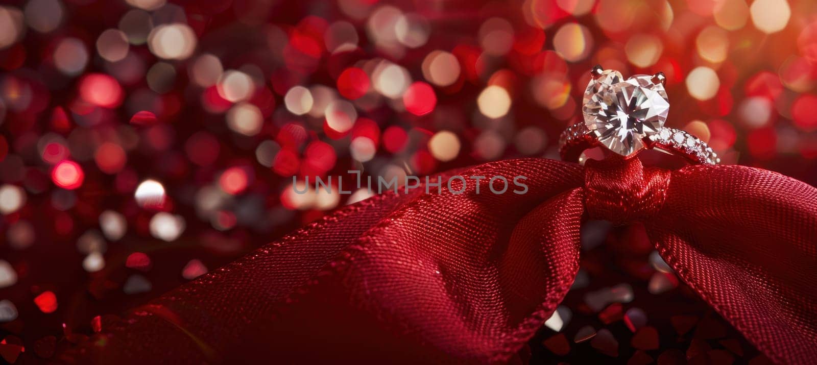 A sophisticated valentine's day banner showcases a diamond ring elegantly placed on a red silk ribbon, tied into a heart shape. the soft glow and shimmering red background enhance the luxurious and romantic ambiance.