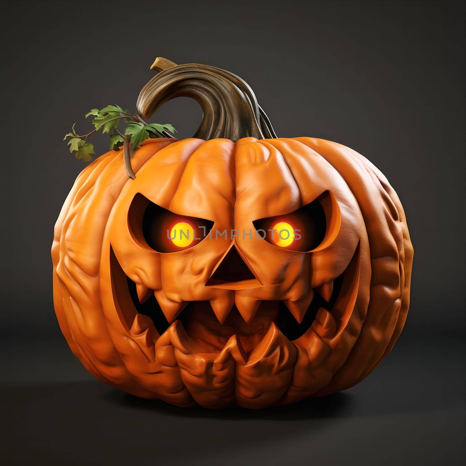 A 3D rendered image of a spooky Halloween pumpkin with glowing eyes and a wide grin. The pumpkin is carved with a scary face, with sharp teeth and a menacing expression. The pumpkin is lit from within, making its eyes glow brightly.