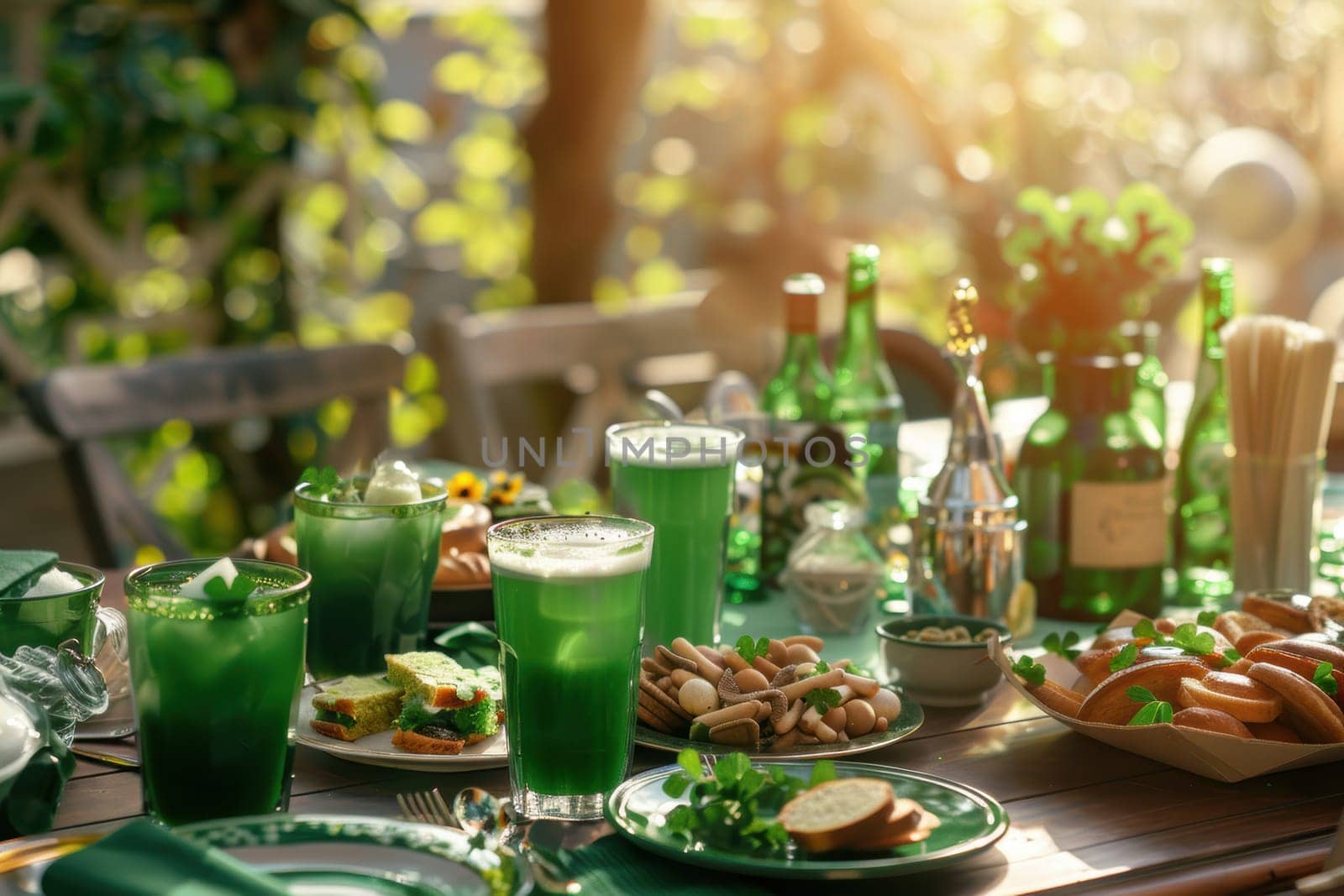 St. patrick's day outdoor brunch showcasing traditional irish breakfast dishes, green drinks, and shamrock-themed tableware. the setup is bathed in sunlight, creating a festive and vibrant atmosphere perfect for celebration.