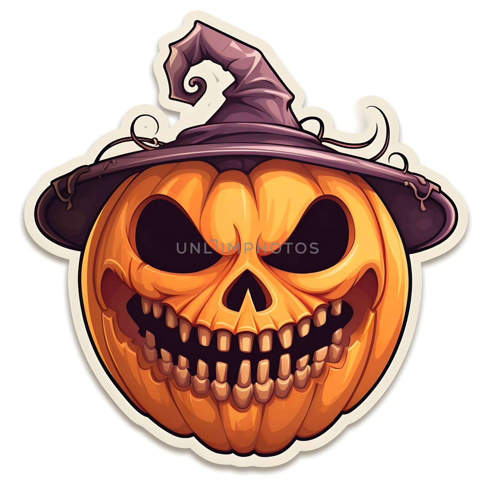 A spooky jack-o-lantern with a wicked grin wears a witch's hat for Halloween.