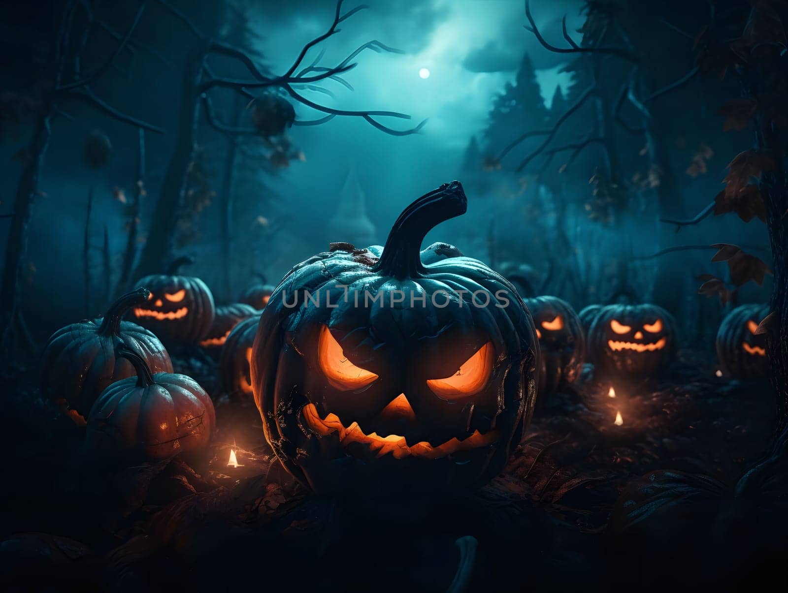 A group of jack-o'-lanterns with glowing eyes stand in a dark forest on a moonlit night. The scene is full of spooky charm, hinting at the mysteries and thrills of Halloween.