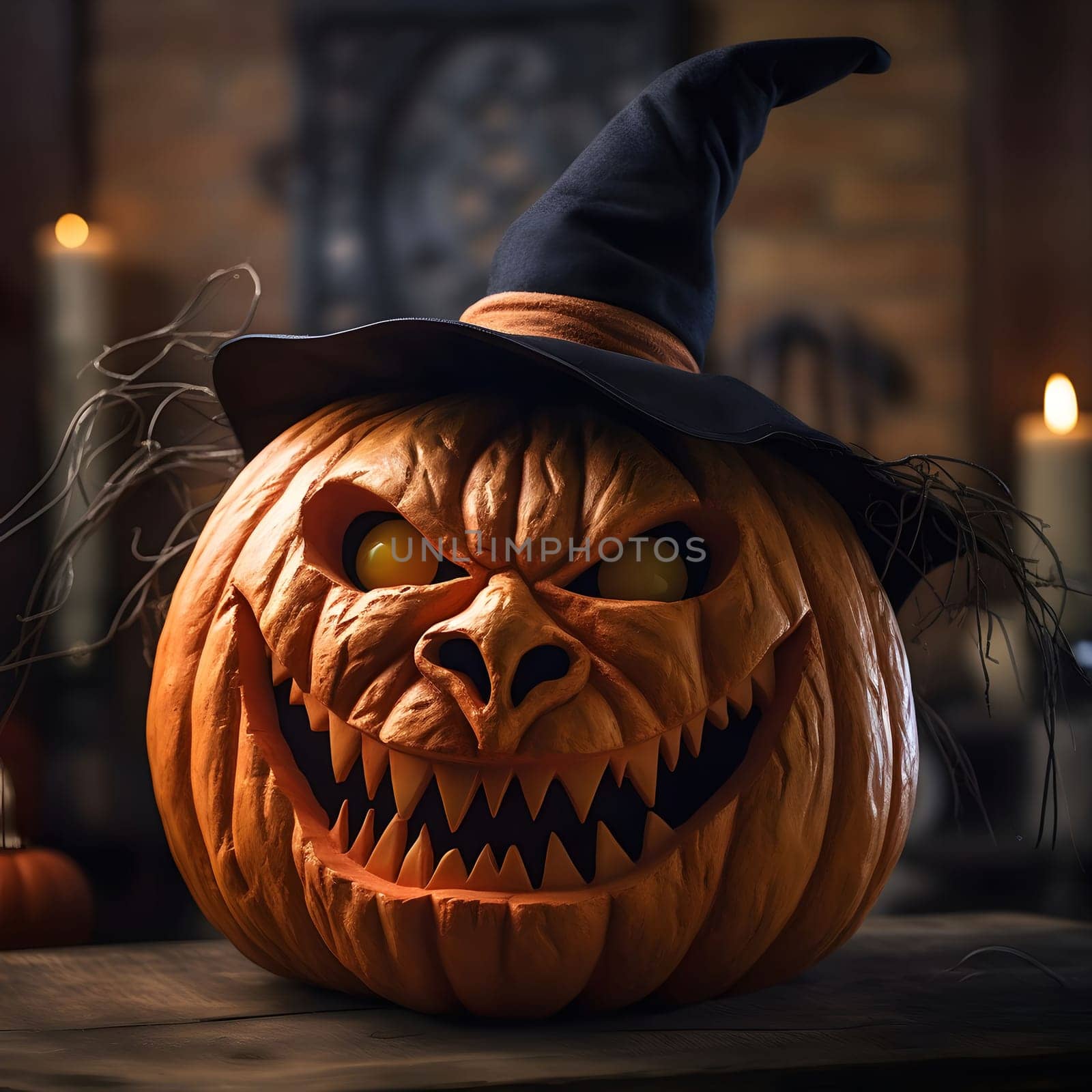 A close-up of a carved pumpkin with a spooky grin and glowing eyes. The pumpkin is wearing a witch's hat and is set against a rustic background.