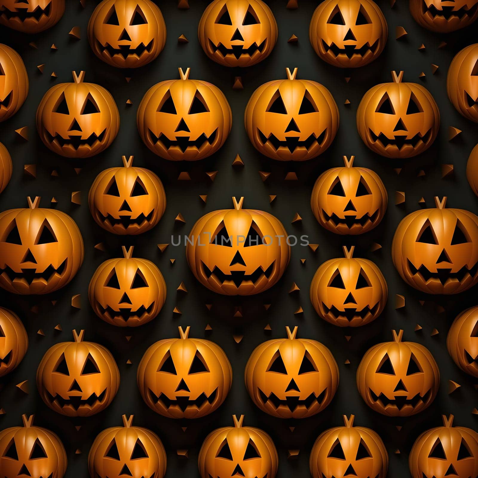 A seamless pattern of jack-o'-lantern faces on a dark background, perfect for Halloween decor.